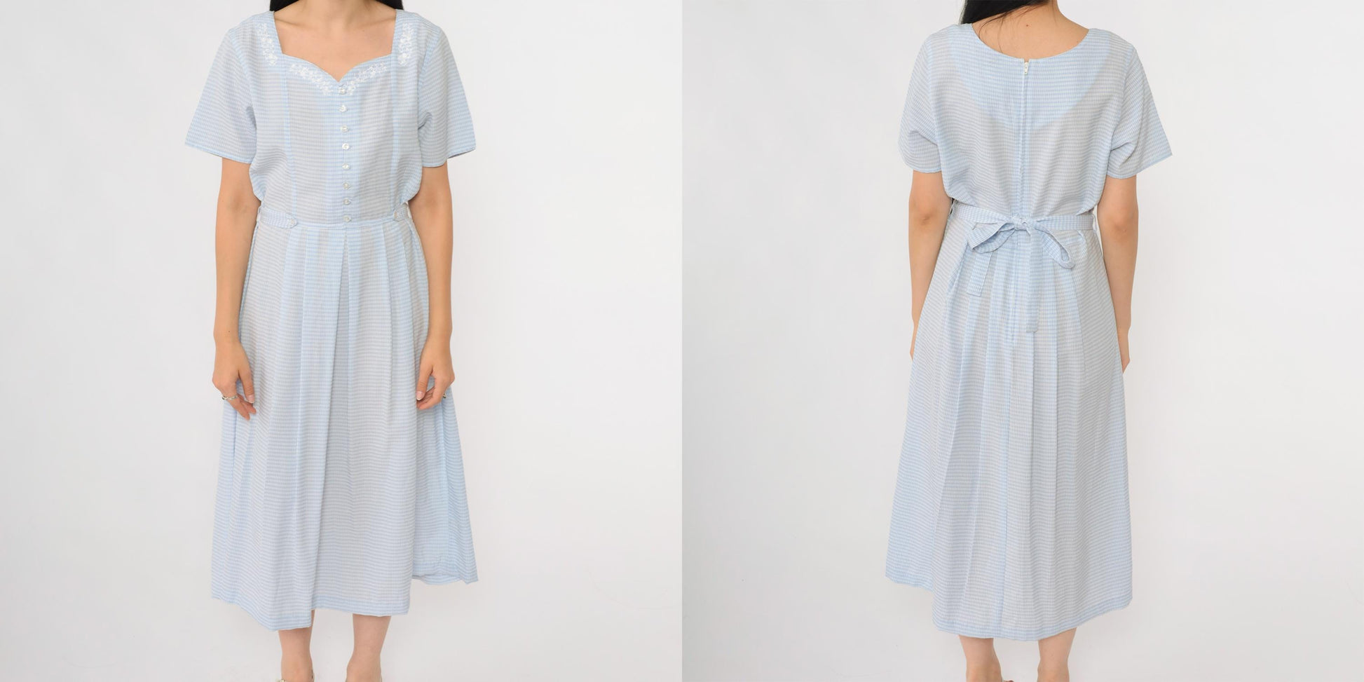 90s Blue Gingham Sundress Floral Embroidered Sweetheart Neckline Midi Medium