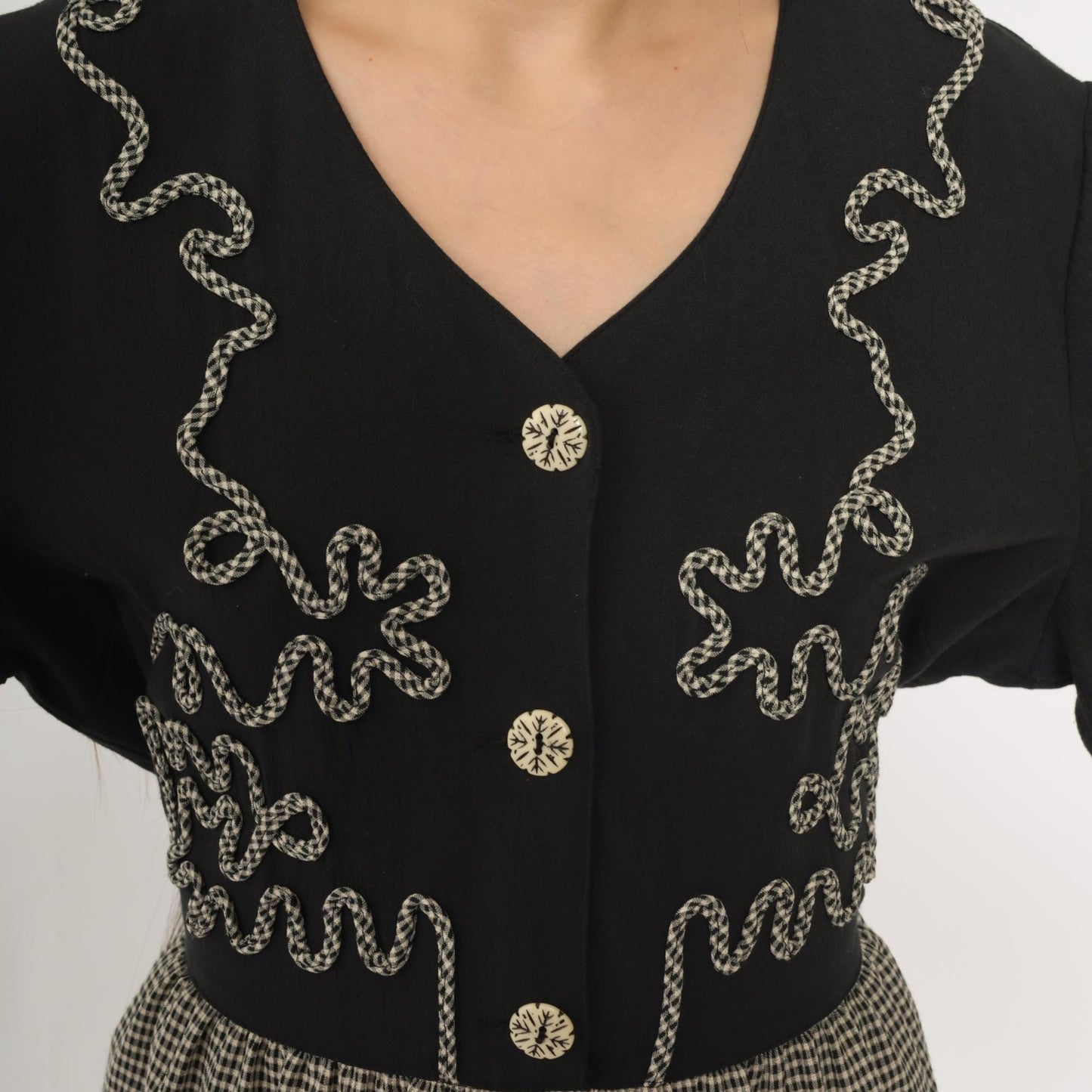 90s Kim Rogers Black Gingham Maxi Dress Embroidered Button Down Long Sleeve Large L