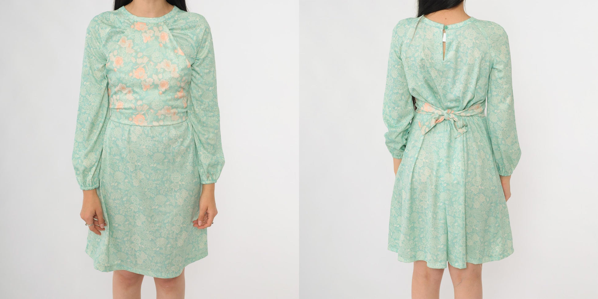 70s Pastel Green Floral Mini Dress Long Sleeve Tie-Back Medium