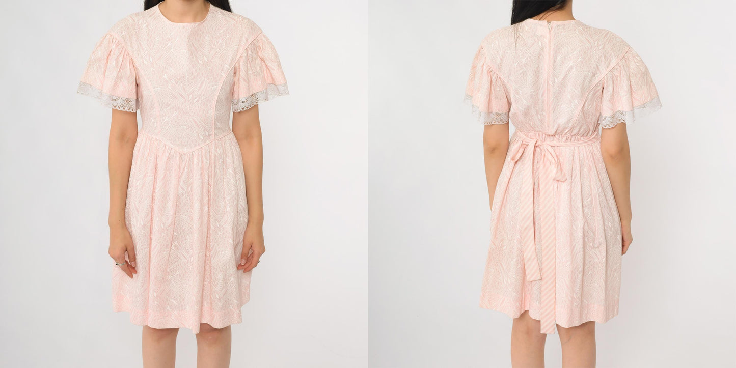 80s Pink Mini Dress White Leaf Print Flutter Sleeve Babydoll Tie Back Small S