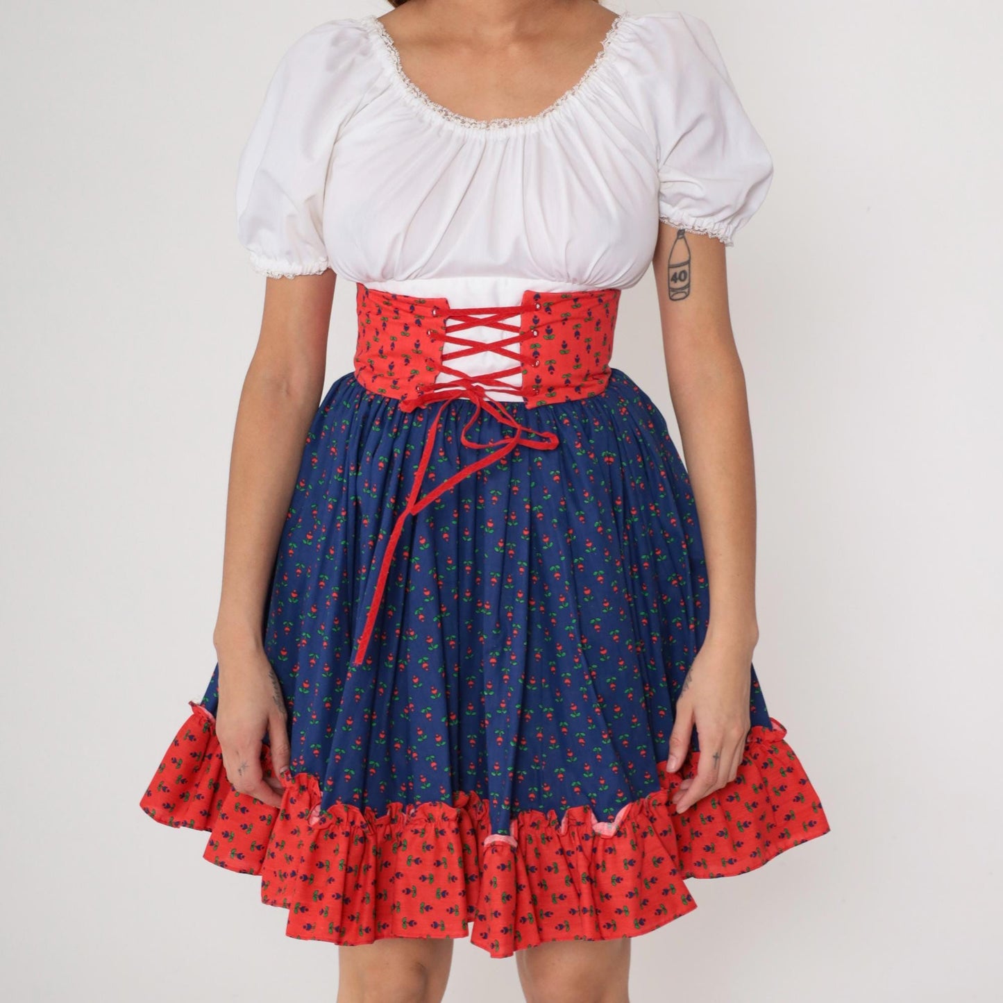70s Folk Dirndl Dress Blue Floral White Puff Sleeve Red Corset Extra Small