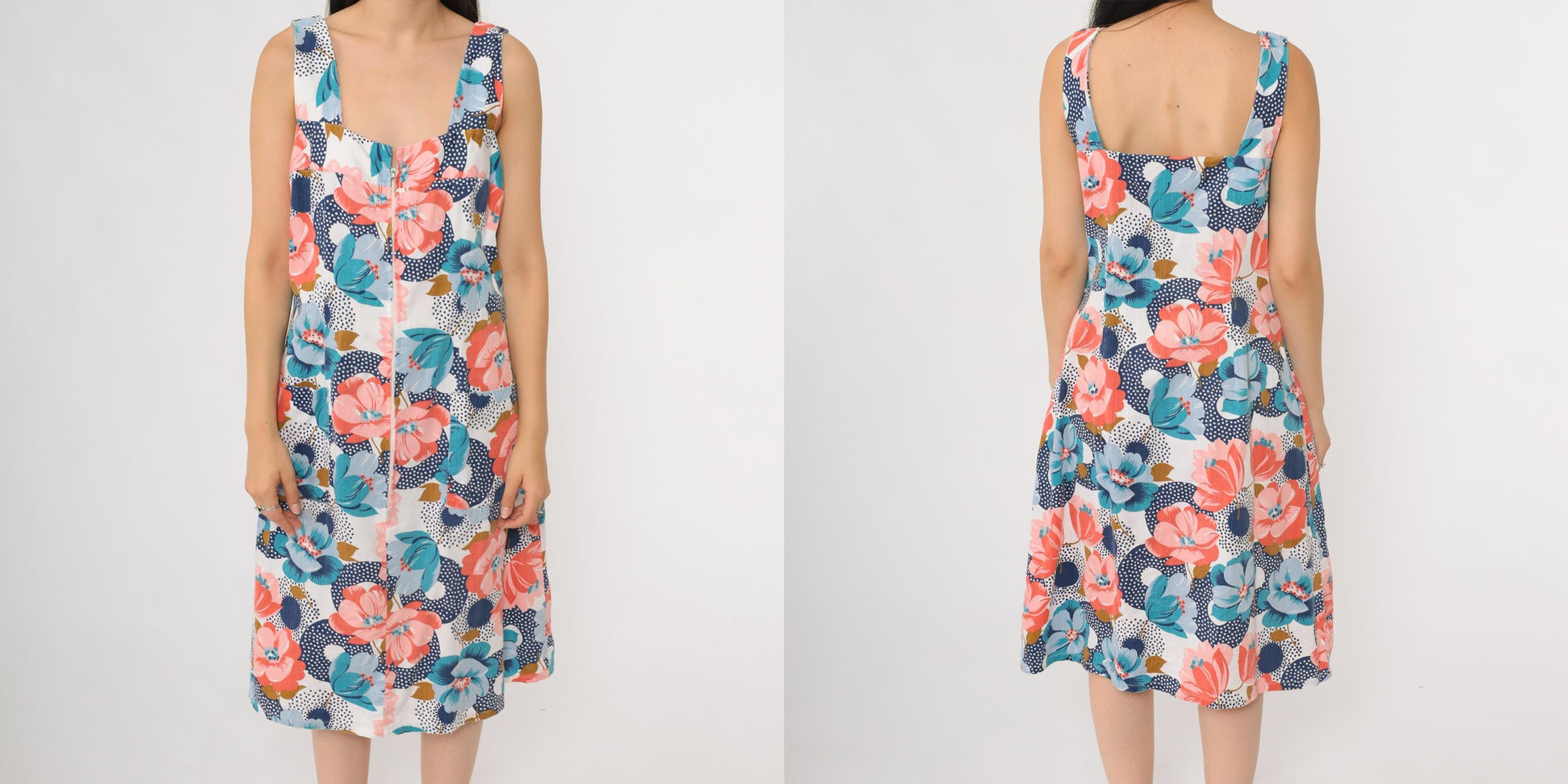 70s Floral Day Dress Sleeveless Scoop Neck Front Zip Midi Pink Blue Orange Green Medium