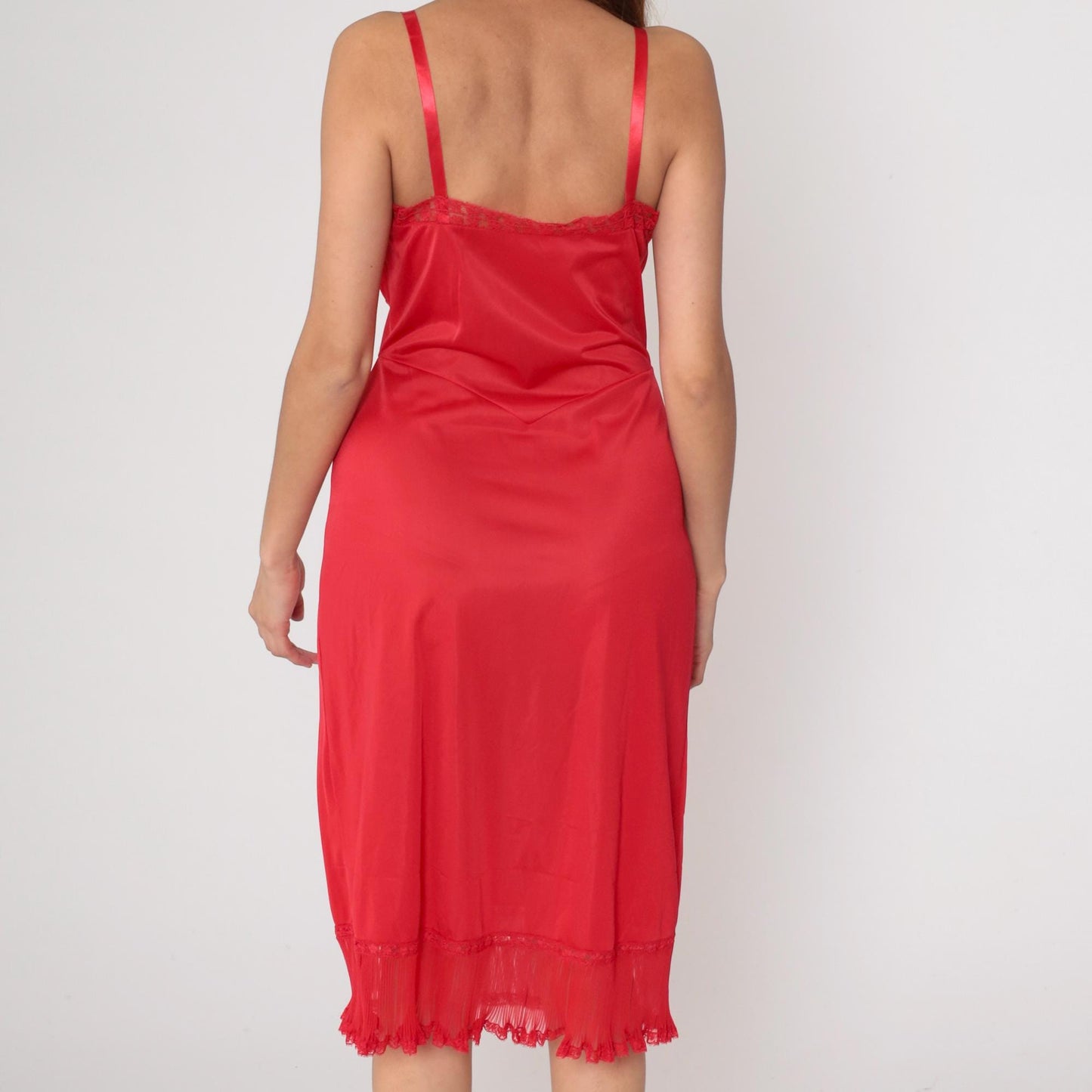 70s Shadowline Red Nylon Slip Dress Lace Trim Midi Spaghetti Strap Medium