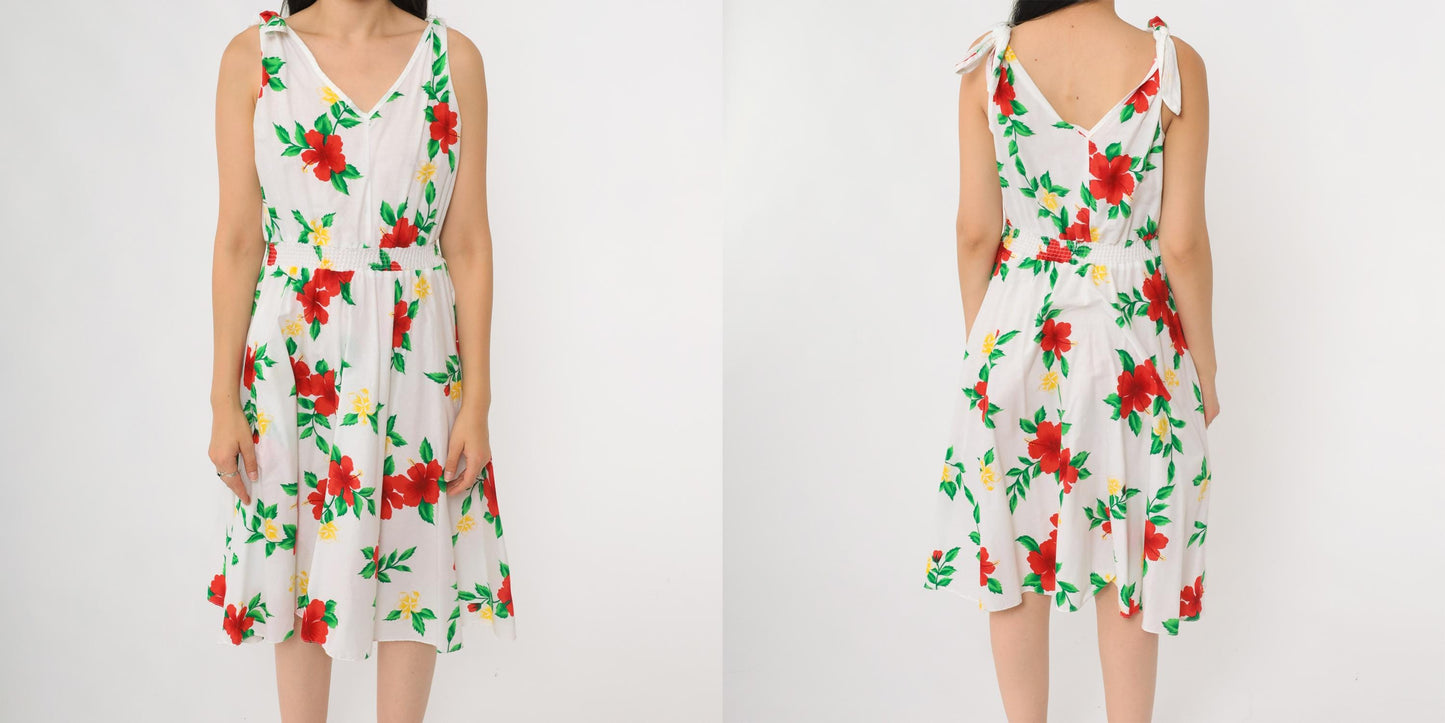 80s Royal Creations White Cotton Hibiscus Floral Midi Dress Tie Shoulder Small