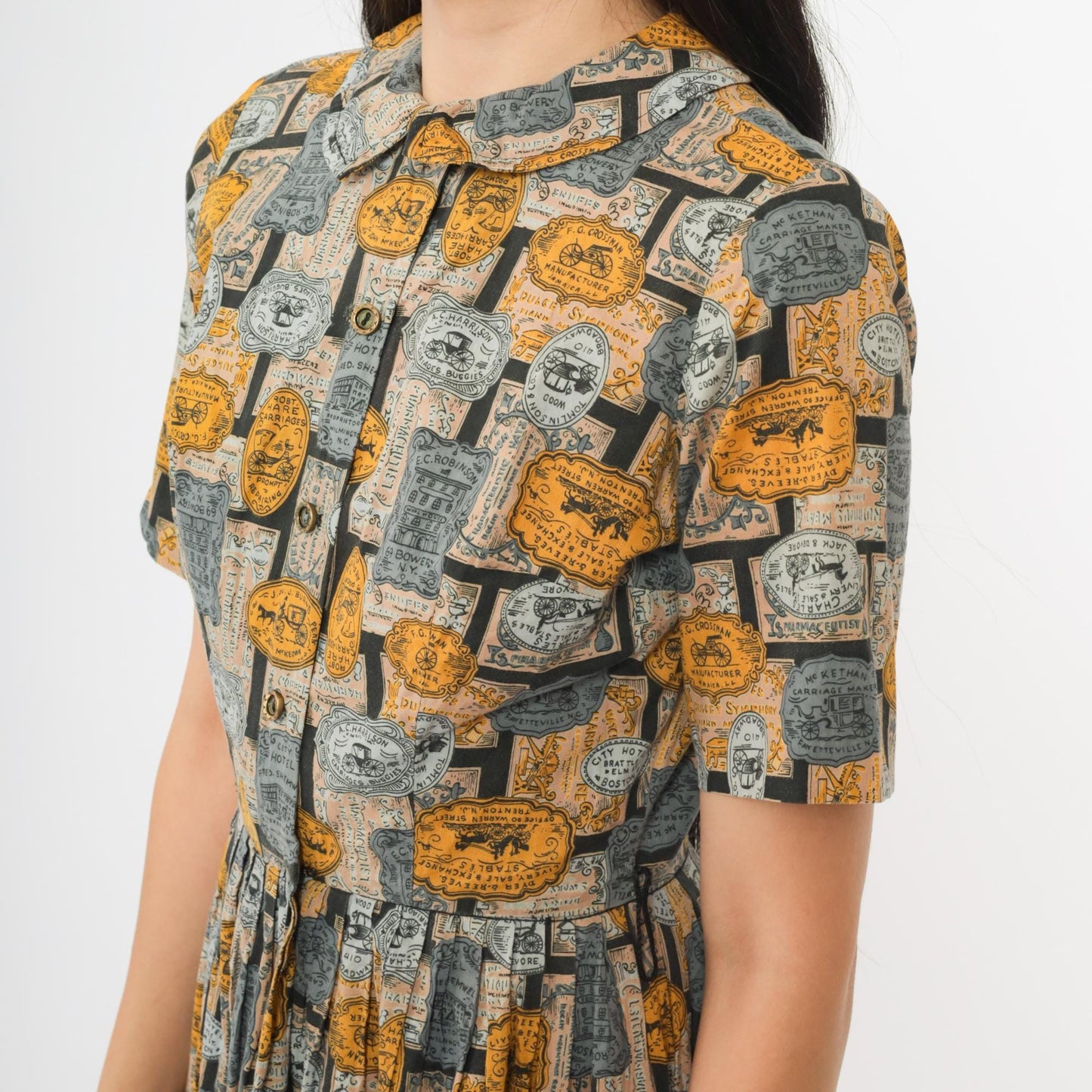 60s Novelty Advertisement Print Dress Yellow Grey Collar Button Front Knee Length Extra Small XS