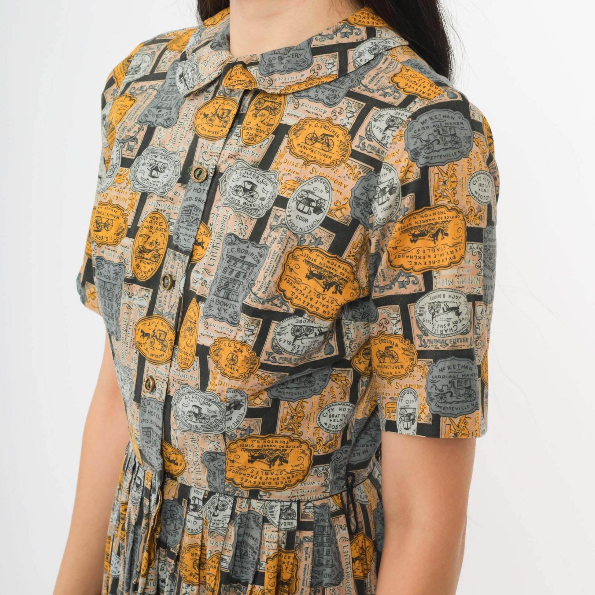 60s Novelty Advertisement Print Dress Yellow Grey Collar Button Front Knee Length Extra Small XS