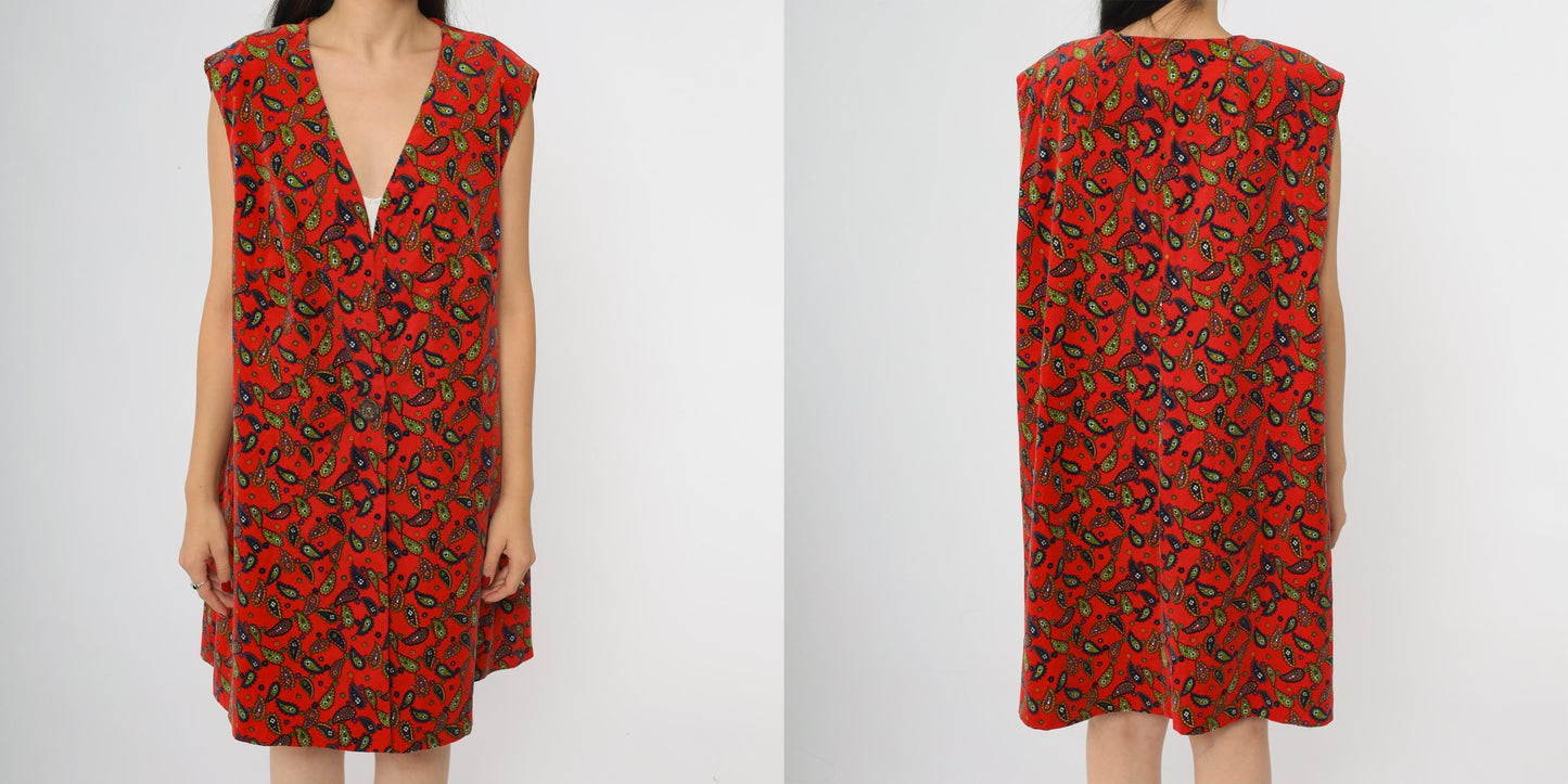 60s Red Paisley Mini Dress Deep V Sleeveless A-Line Shift Extra Large