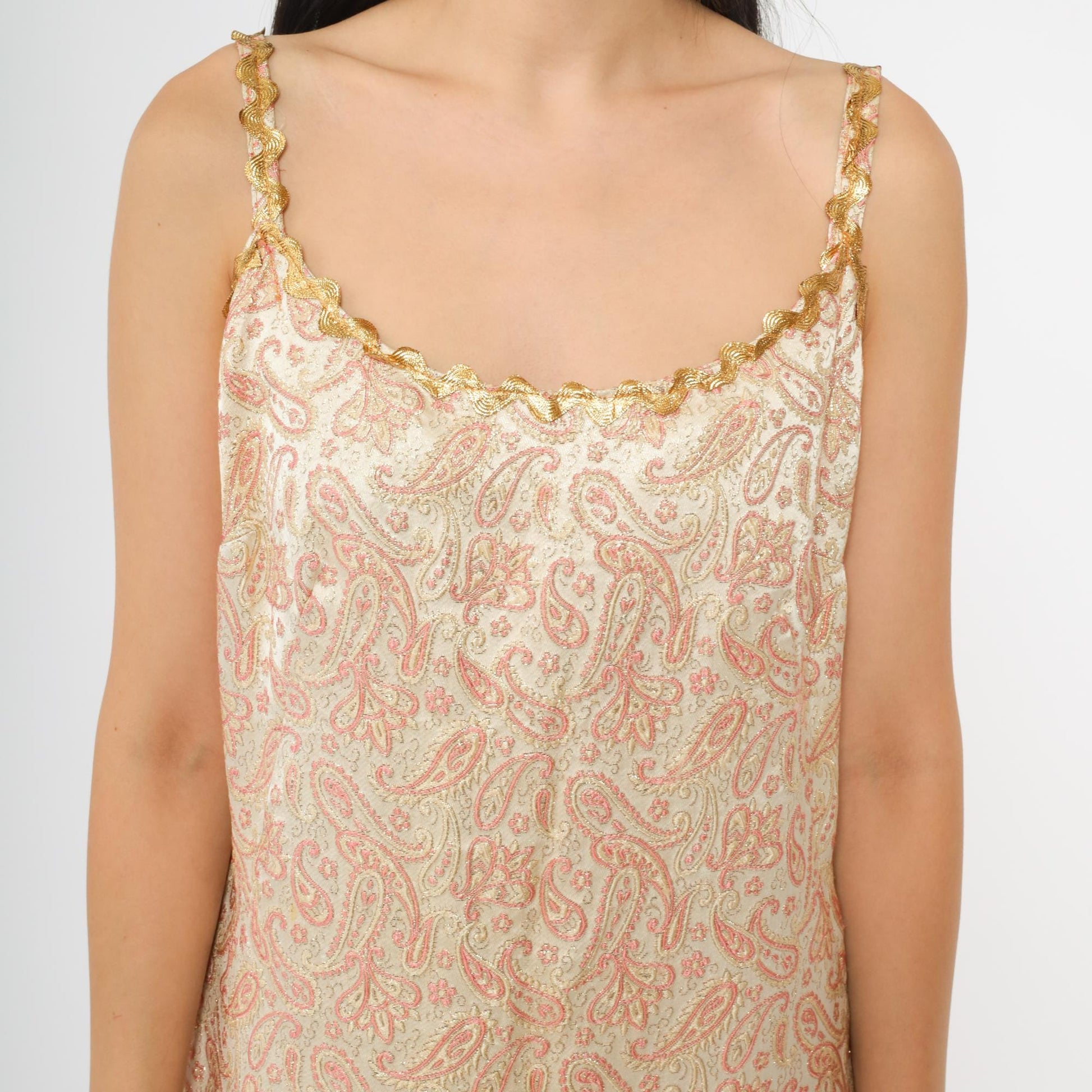 60s Paisley Slip Dress Pink Gold Metallic Mini A-Line Mod Large L