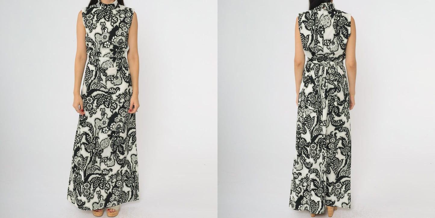 70s Chapter Two Paisley Maxi Dress Black White Mock Neck Sleeveless Medium