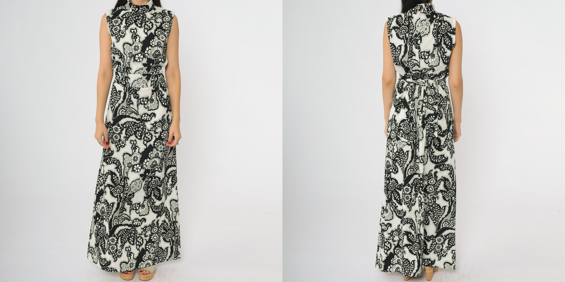 70s Chapter Two Paisley Maxi Dress Black White Mock Neck Sleeveless Medium
