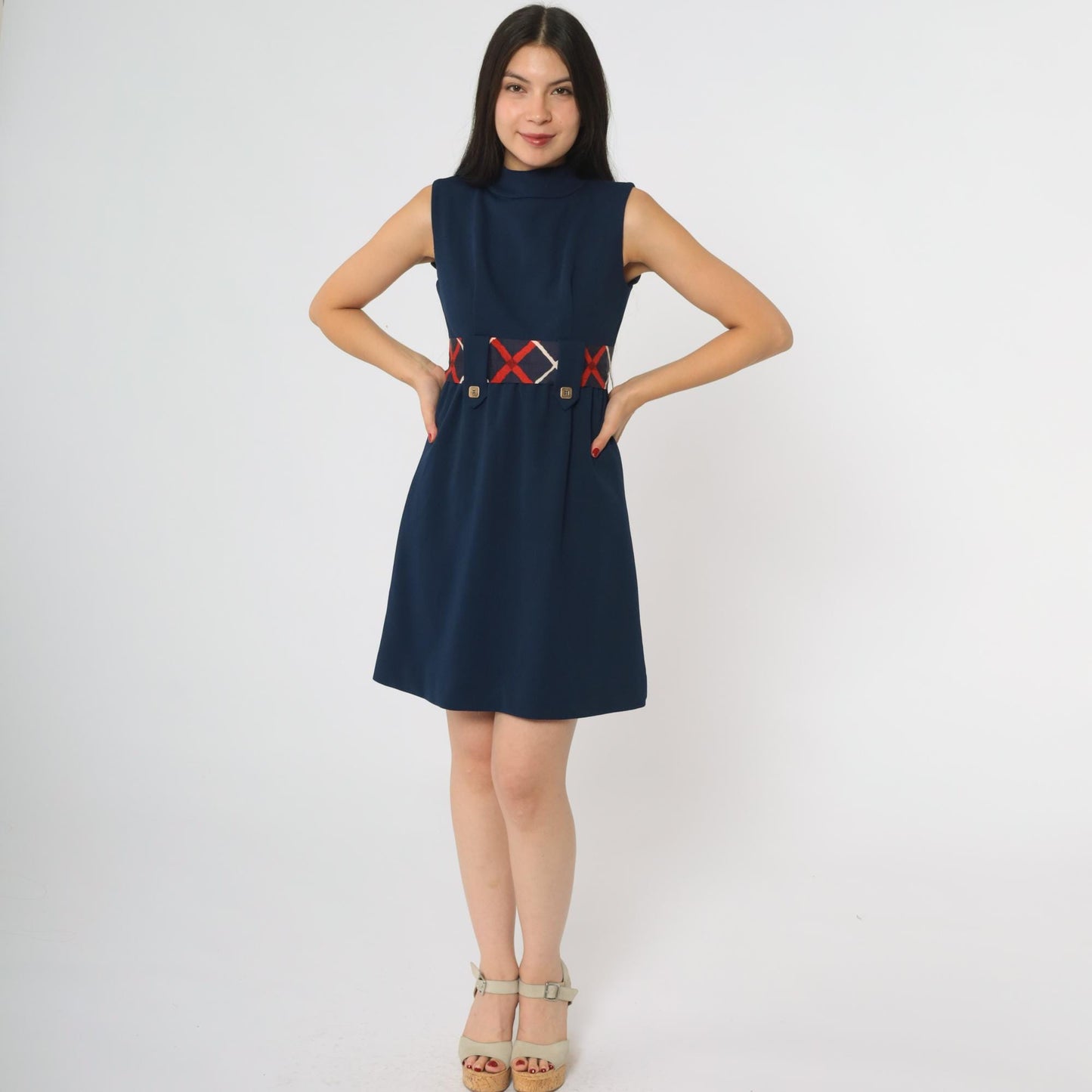 60s Navy Mock Neck Mini Dress Geometric Belt A-Line Sleeveless Extra Small
