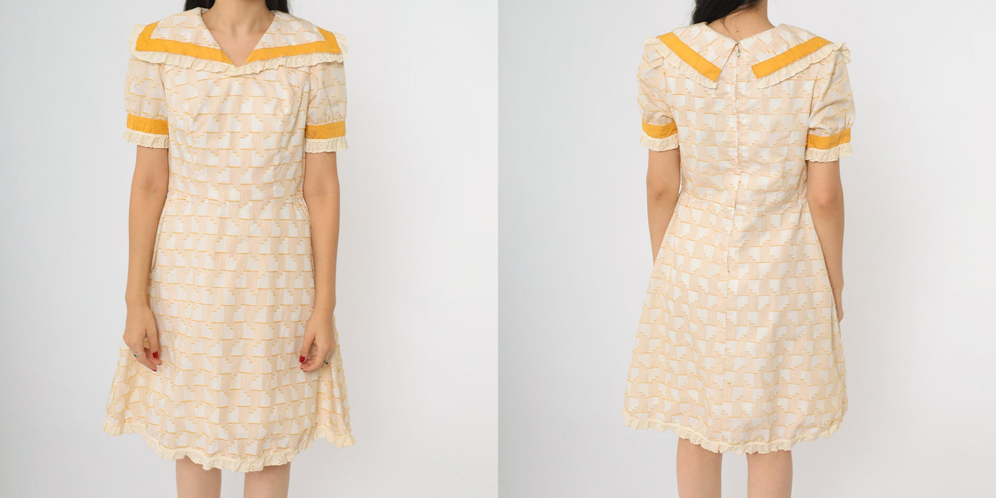 70s Prairie Babydoll Dress Cream Yellow Geometric Print Lace Trim Medium M