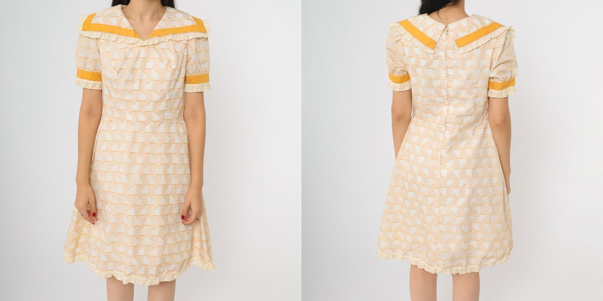 70s Prairie Babydoll Dress Cream Yellow Geometric Print Lace Trim Medium M