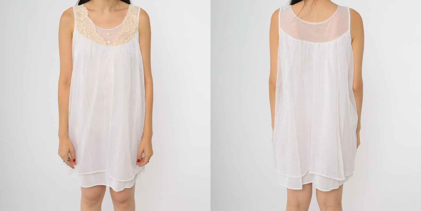 70s White Nylon Babydoll Nightgown Lace Yoke Sleeveless Knee-Length Medium