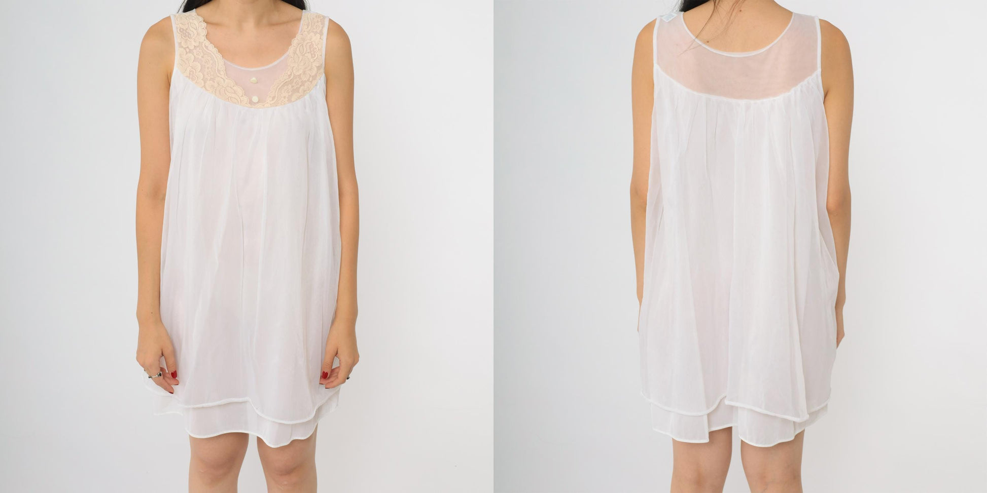 70s White Nylon Babydoll Nightgown Lace Yoke Sleeveless Knee-Length Medium