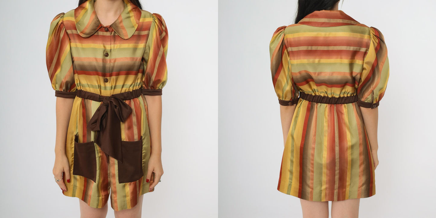 70s Rainbow Striped Mini Dress Brown Orange Yellow Puff Sleeve Peter Pan Collar Small
