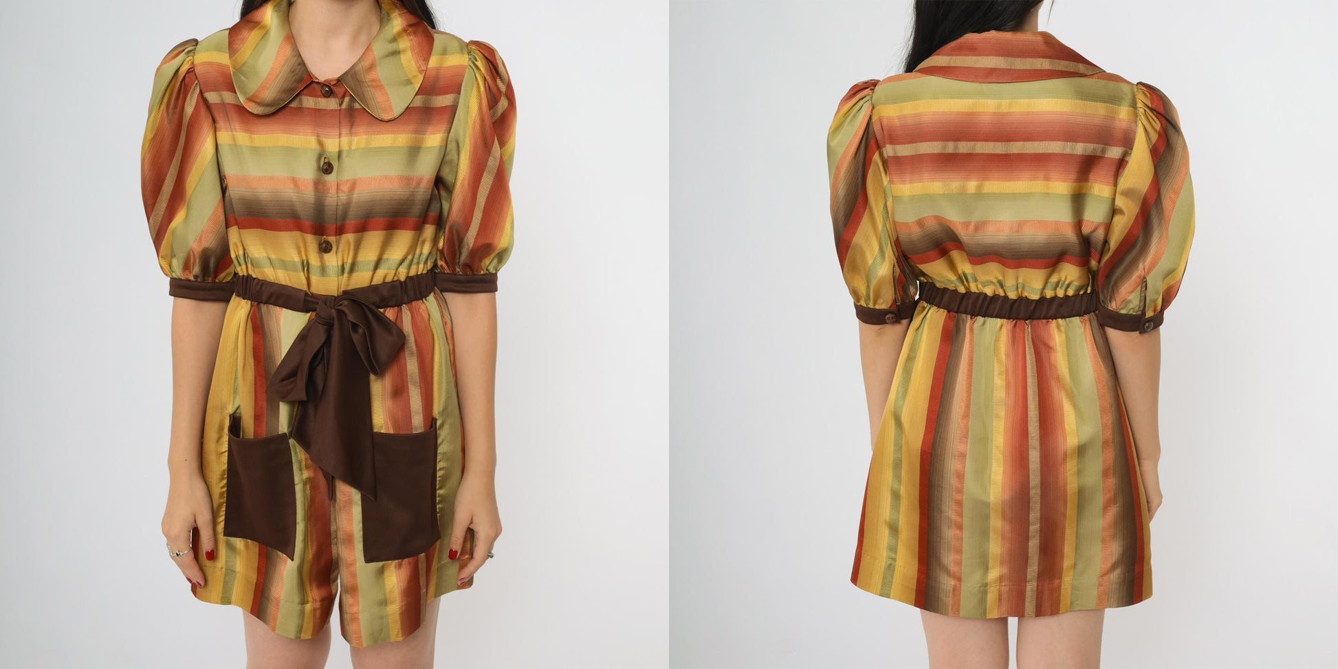 70s Rainbow Striped Mini Dress Brown Orange Yellow Puff Sleeve Peter Pan Collar Small