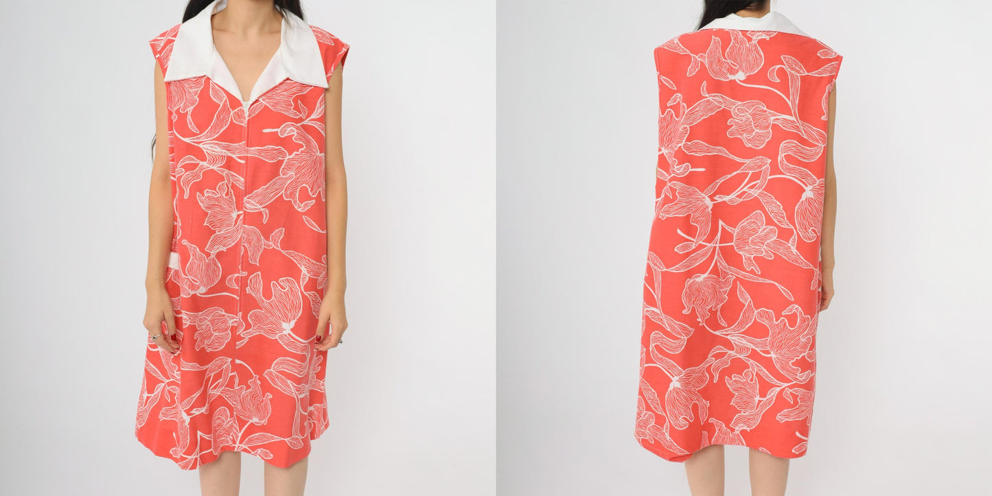 70s Komar Floral Shift Dress Coral Red White Lily Print Extra Large XL
