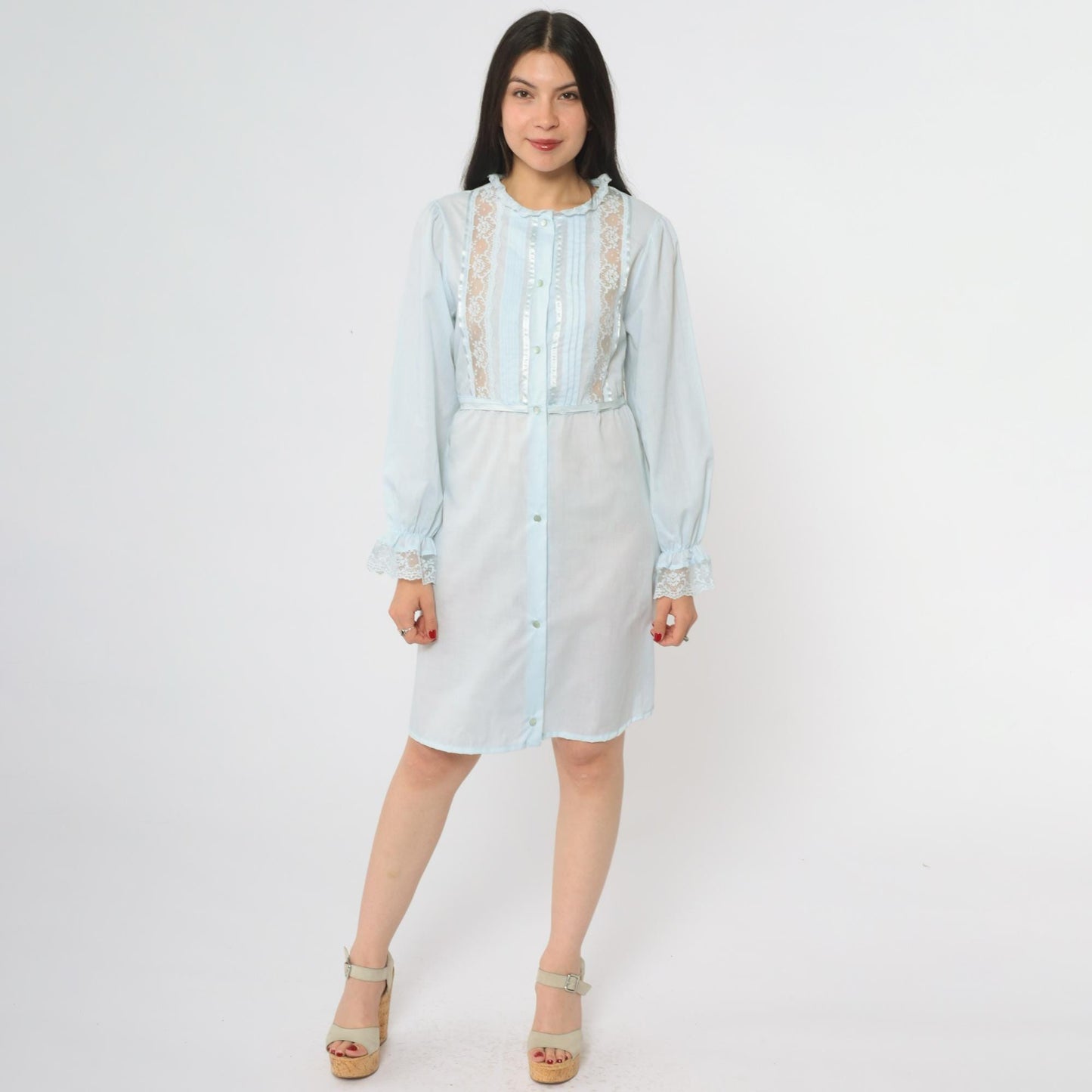 70s Powder Blue Babydoll Dress Lace Trim Puffy Sleeve Empire Waist Medium