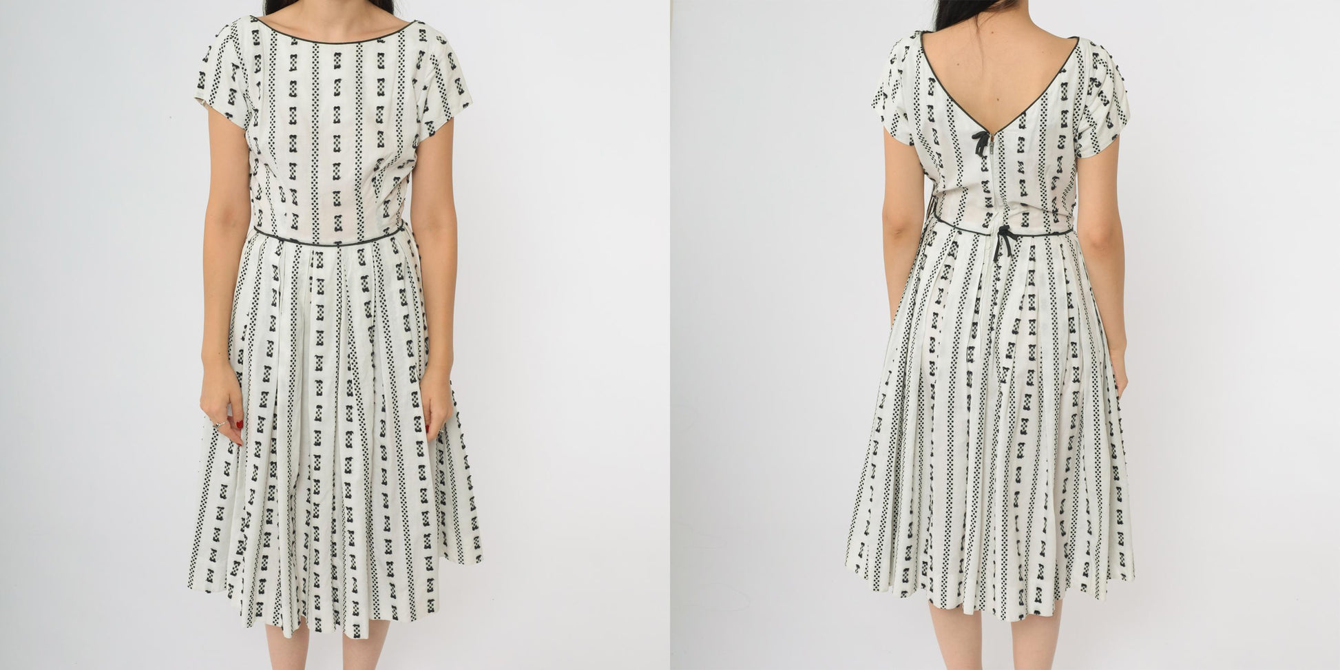 60s Geometric Print A-Line Midi Dress White Black Mod Shift XS