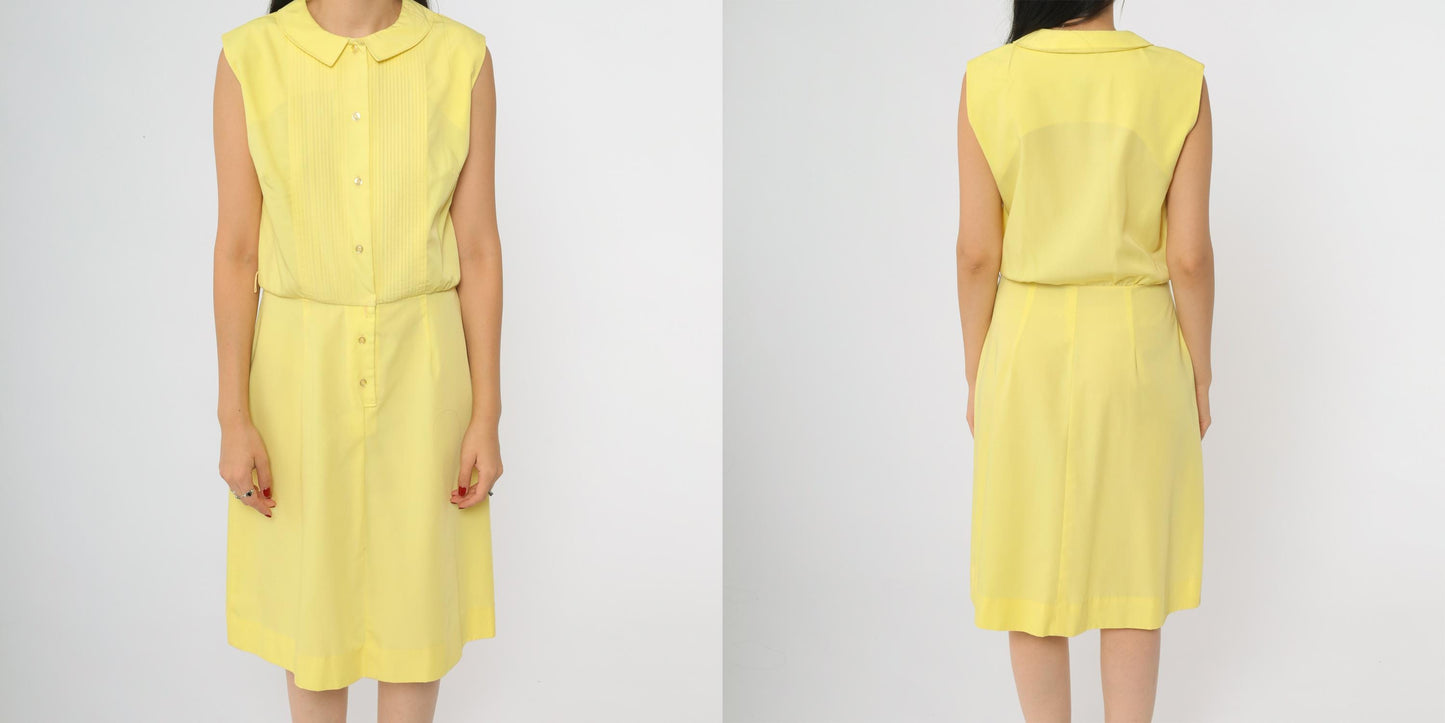 60s Yellow Lady Bird Shift Dress Peter Pan Collar A-Line Knee Length Medium
