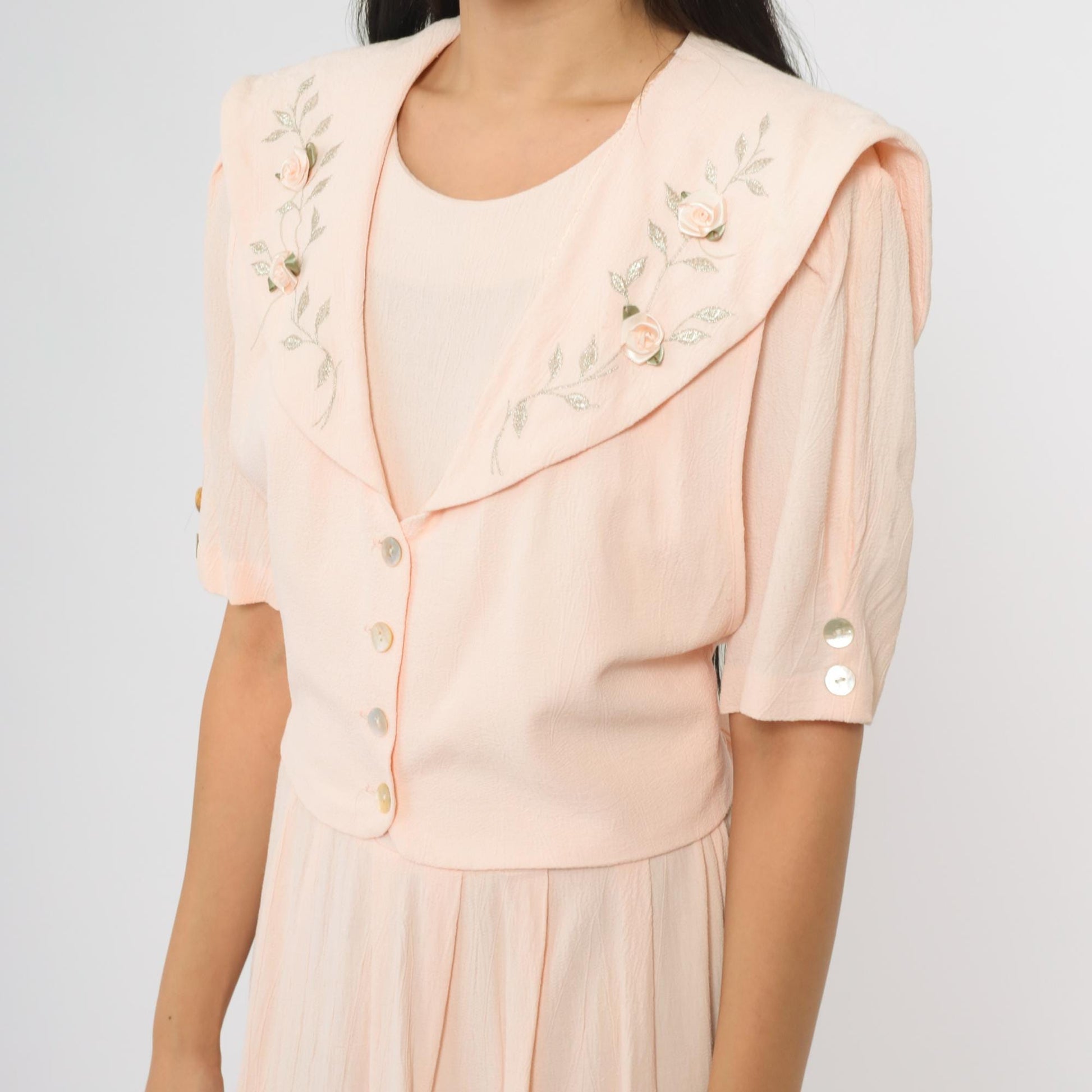 90s JBS LTD Rose Embroidered Maxi Dress Blush Pink Puff Sleeve Large