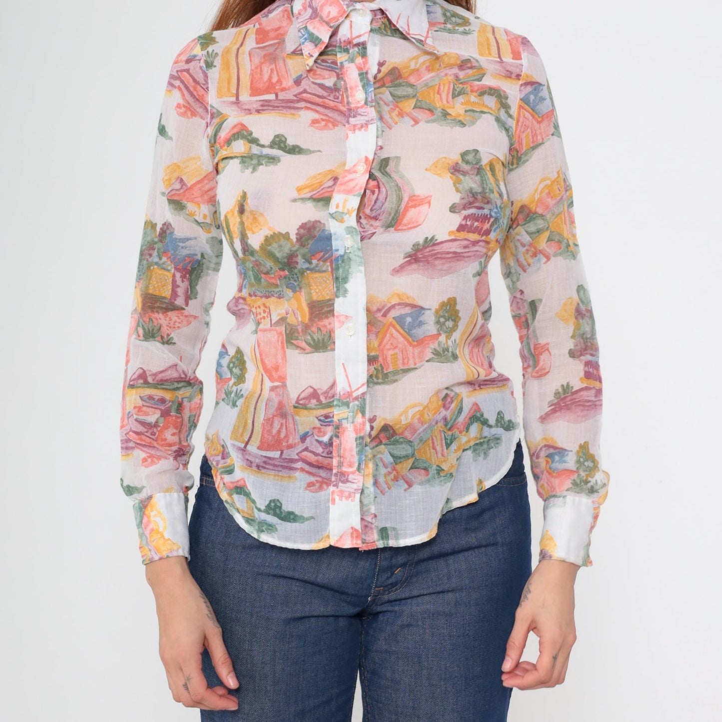 70s Ship N Shore Watercolor Landscape Blouse Sheer Button Up Small
