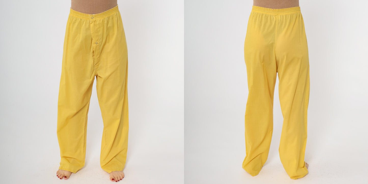80s Yellow Pajama Pants Elastic Waist Button Fly Loungewear Large L