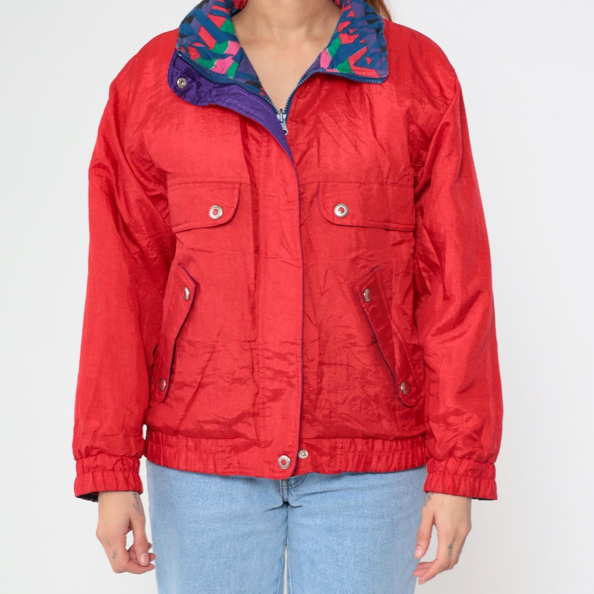 90s Geometric Southwest Reversible Windbreaker Red Blue Purple Small