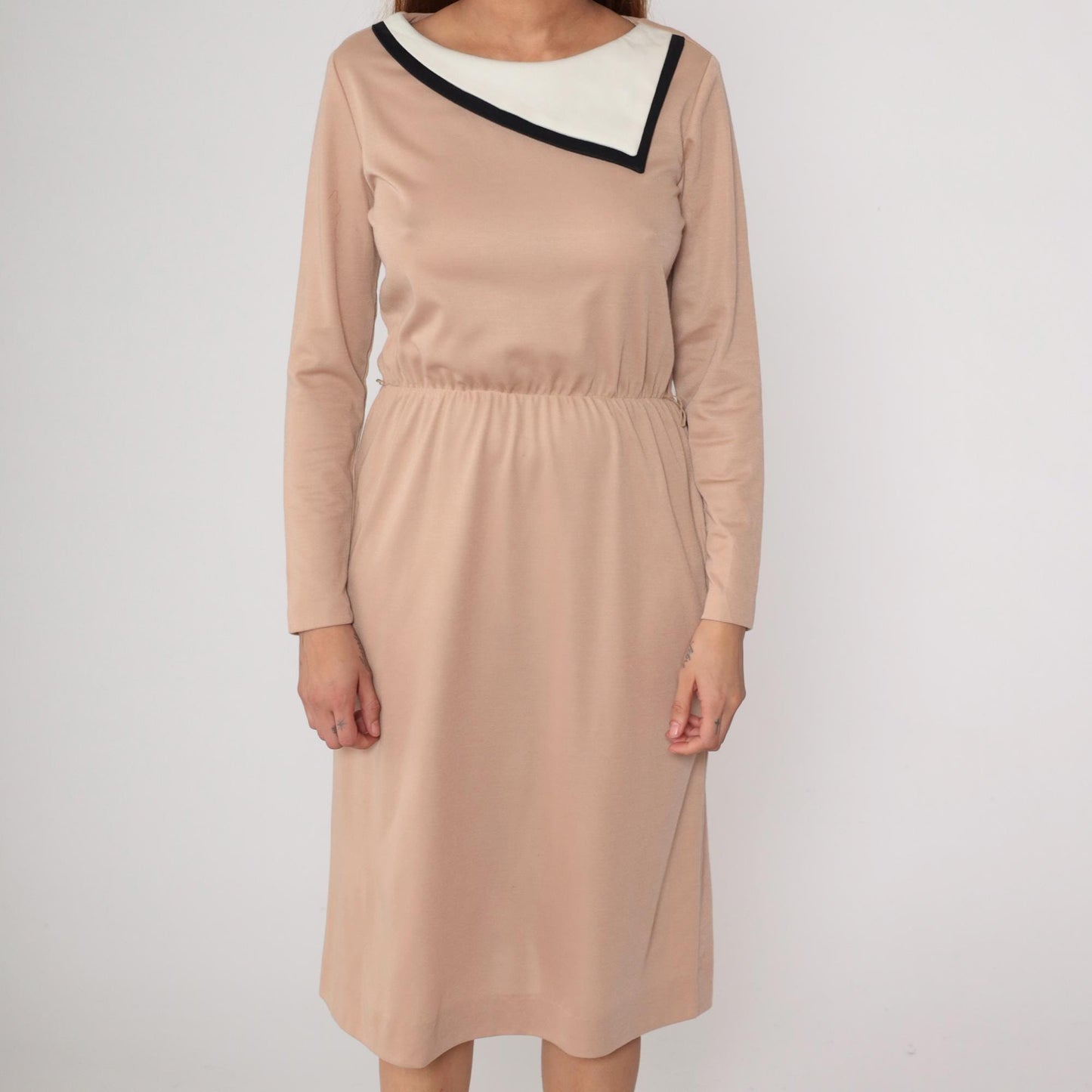 80s Color Block Midi Dress Tan Black White Geometric Long Sleeve Medium