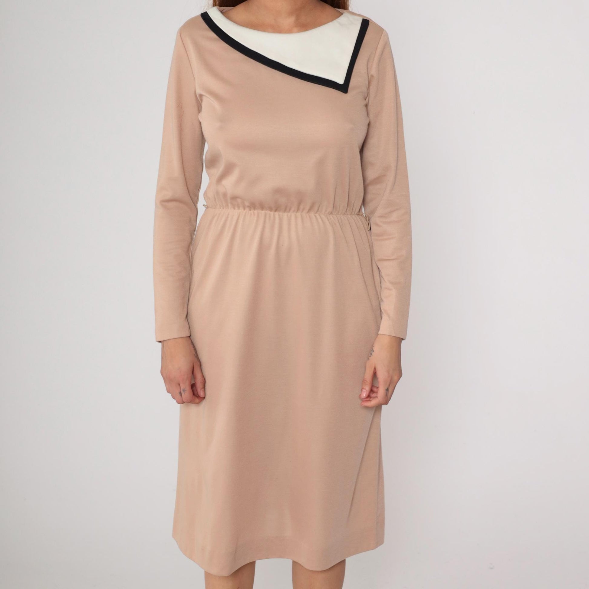 80s Color Block Midi Dress Tan Black White Geometric Long Sleeve Medium
