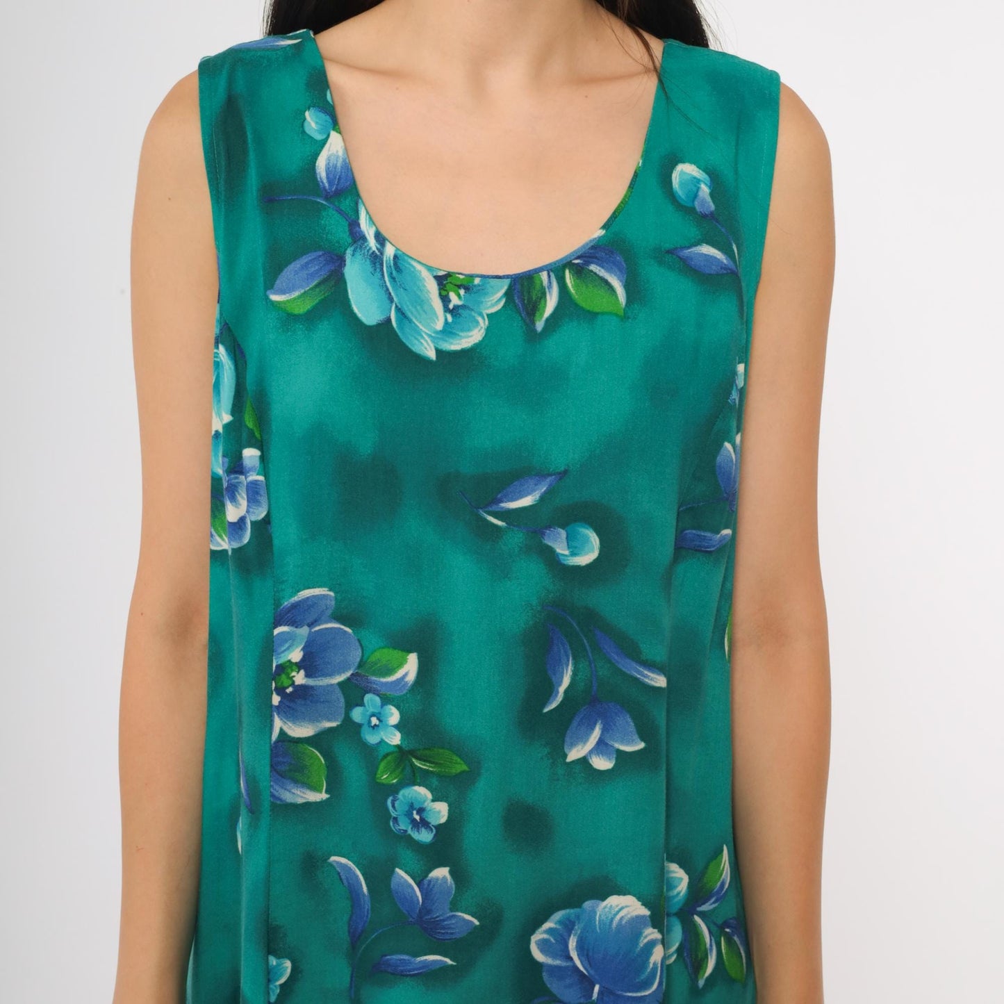 90s Emerald Green Floral Maxi Dress Sleeveless Scoop Neck Large