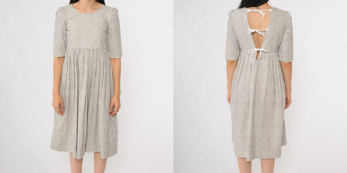 Y2K Colonial Williamsburg Ditsy Floral Prairie Dress Puff Sleeve Midi Tie-Back Extra Small XS