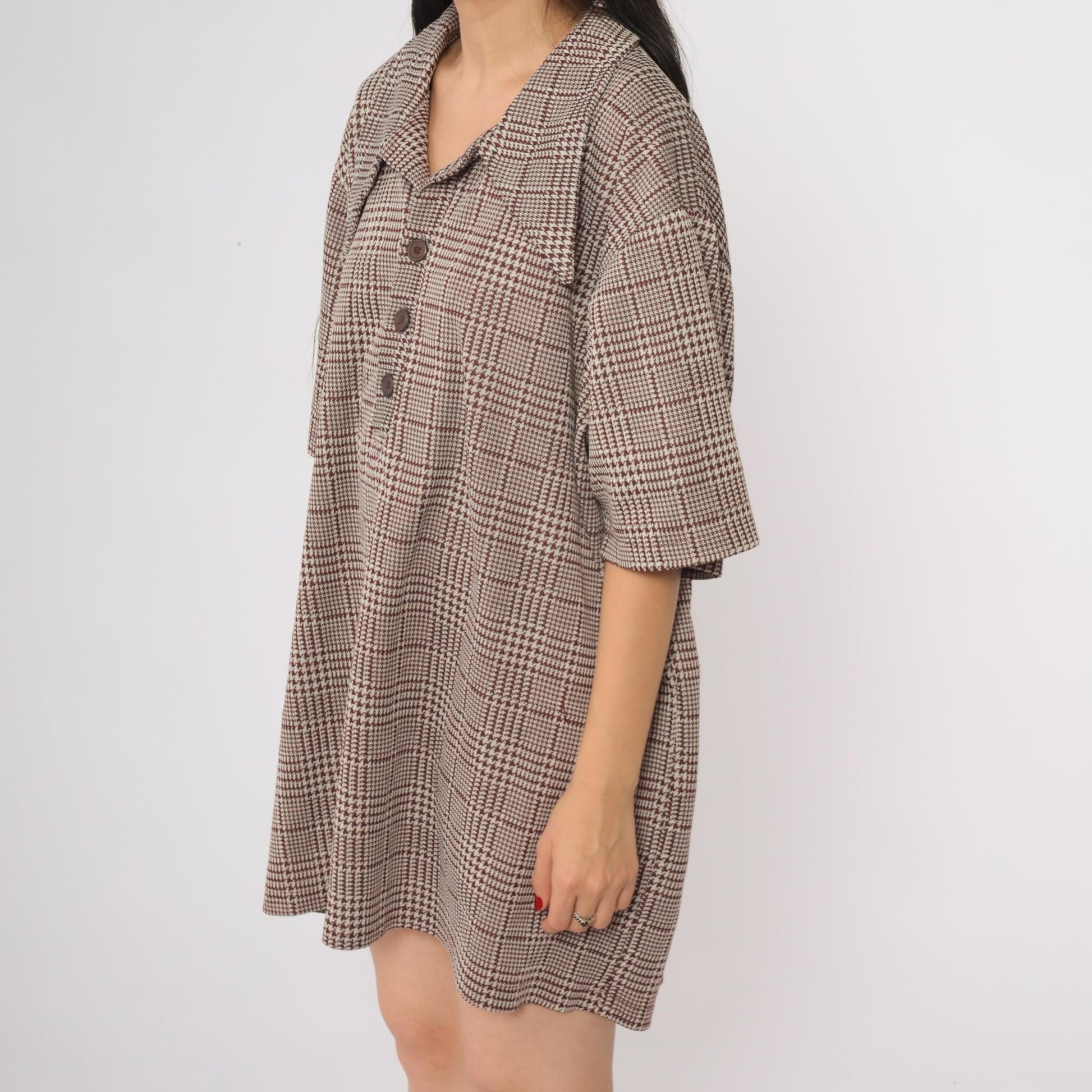 70s Houndstooth Glen Plaid Button Down Shirt Brown White Short Sleeve XXL