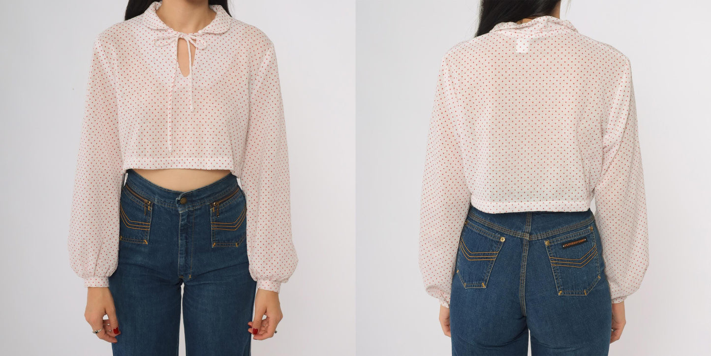 80s Polka Dot Cropped Blouse White Red Peter Pan Collar Tie Neck Medium