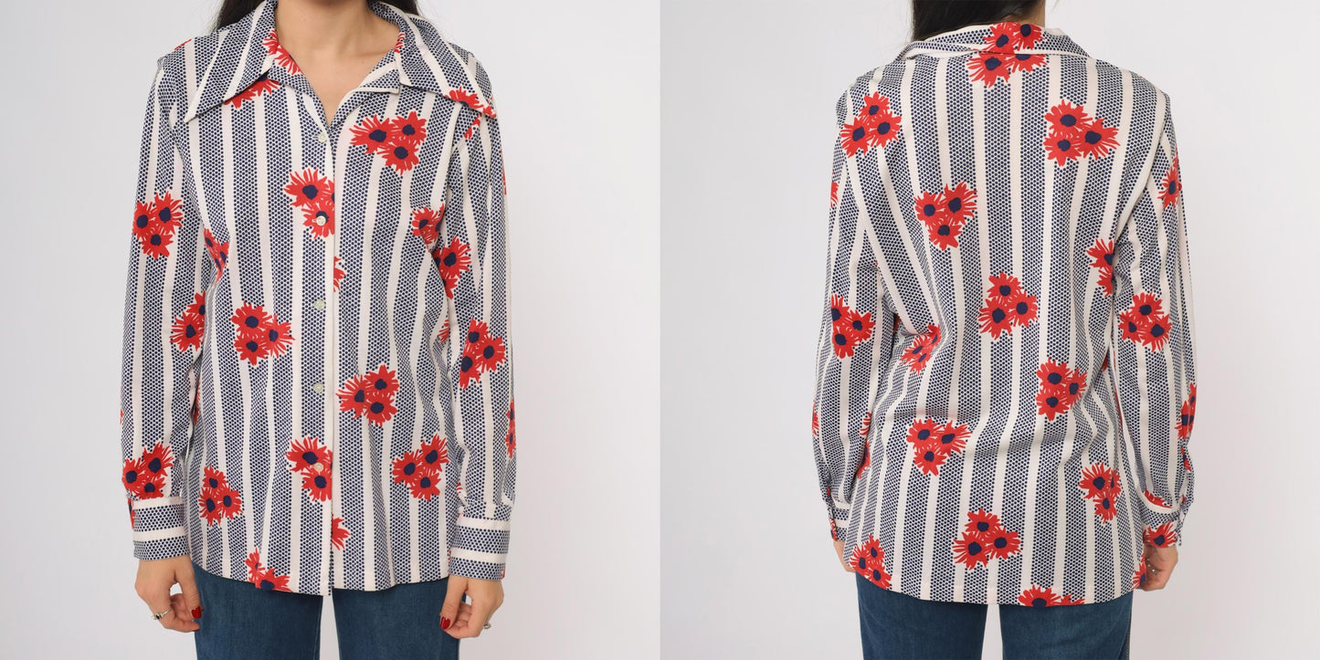 70s Shapely Floral Striped Button Down Shirt Navy Red Daisy Large L