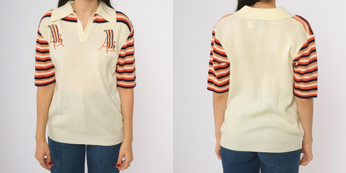 70s Sundowner Knit Polo Shirt Cream Orange Navy Striped Deck Chair Large