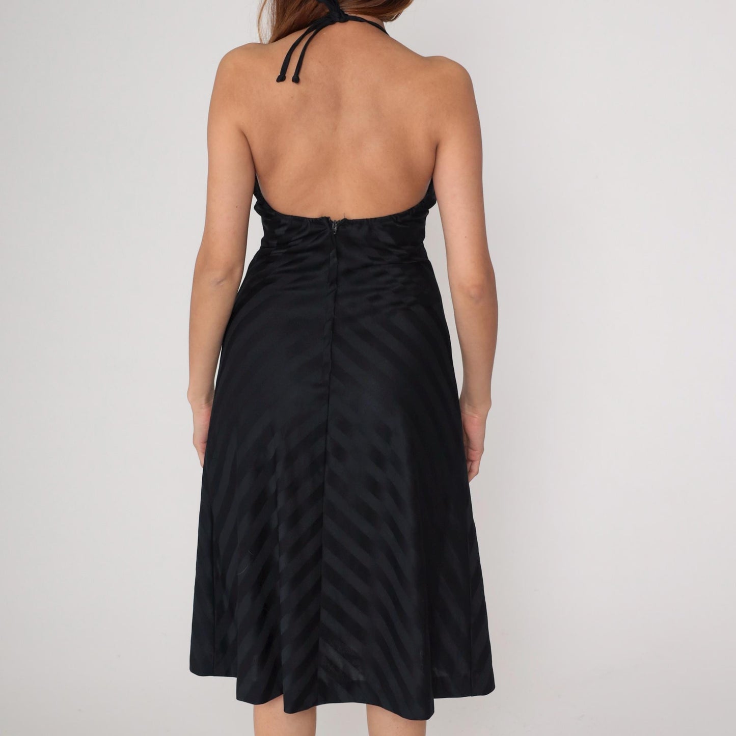 70s Black Halter Dress Striped Deep V Backless Mini Fit Flare Small