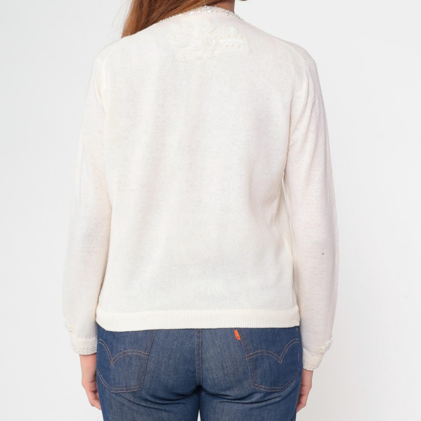 70s Cream Wool Cardigan Floral Beaded Pearl Button Sweater Small