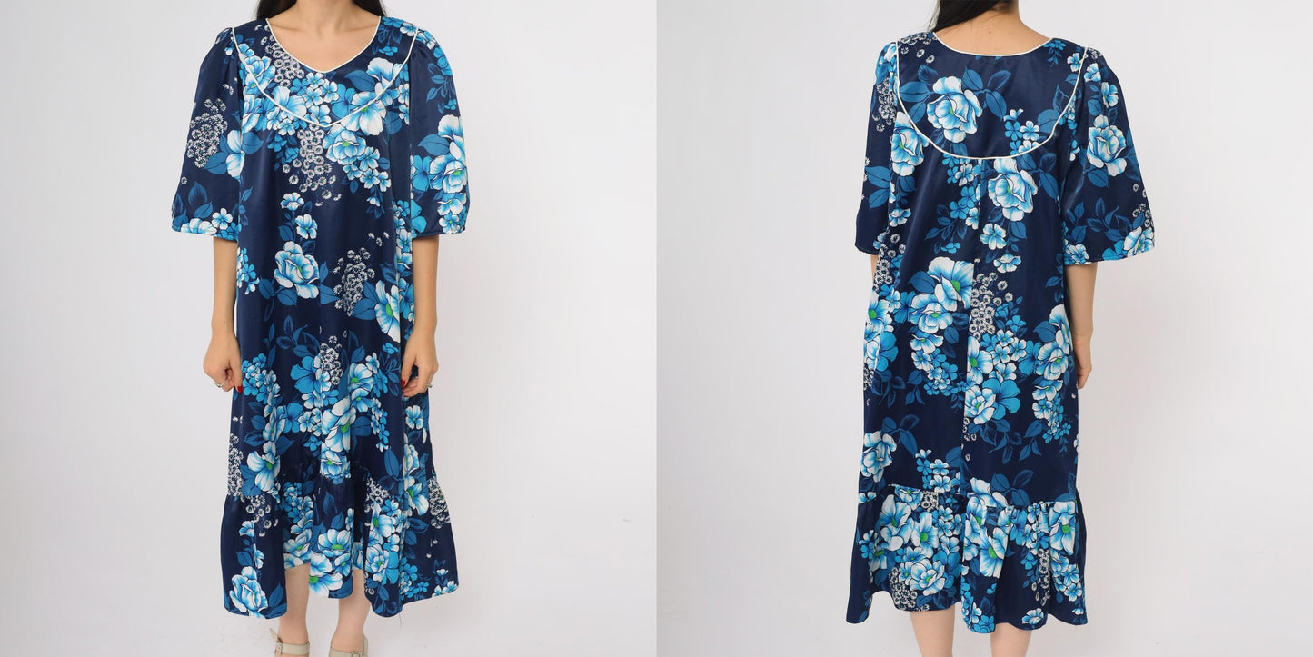 80s Hawaiian Navy Floral Dress Ruffle Hem Short Sleeve Pullover Extra Large XL