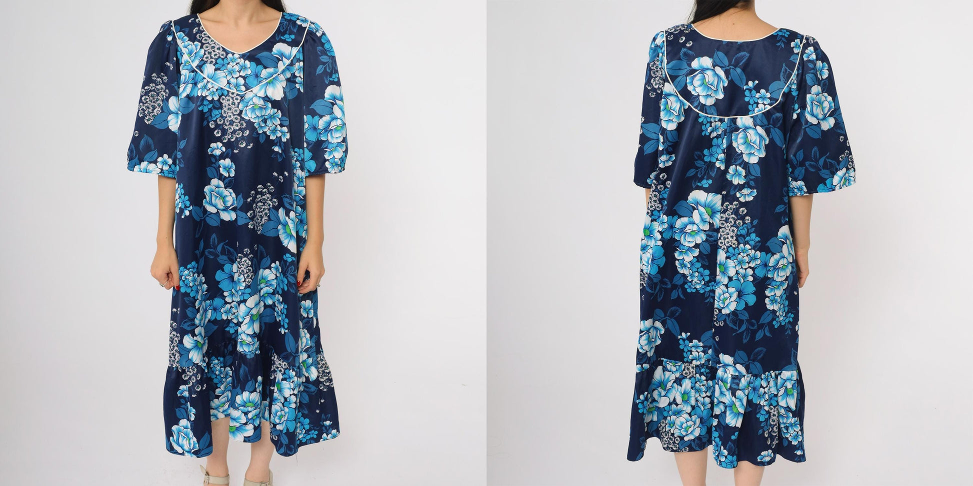 80s Hawaiian Navy Floral Dress Ruffle Hem Short Sleeve Pullover Extra Large XL