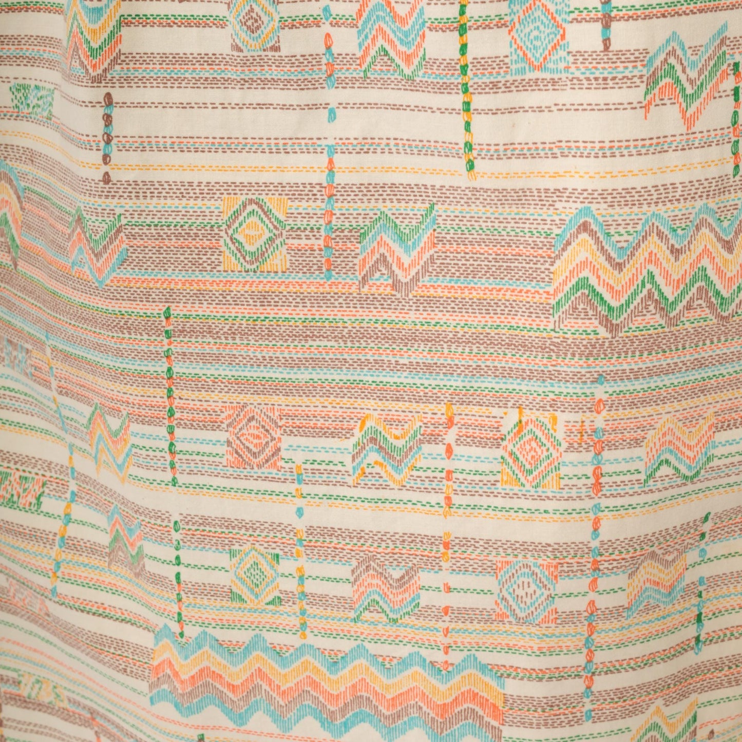 70s Cream Aztec Geometric Midi Dress Tie Shoulder Smocked Cotton Medium Large
