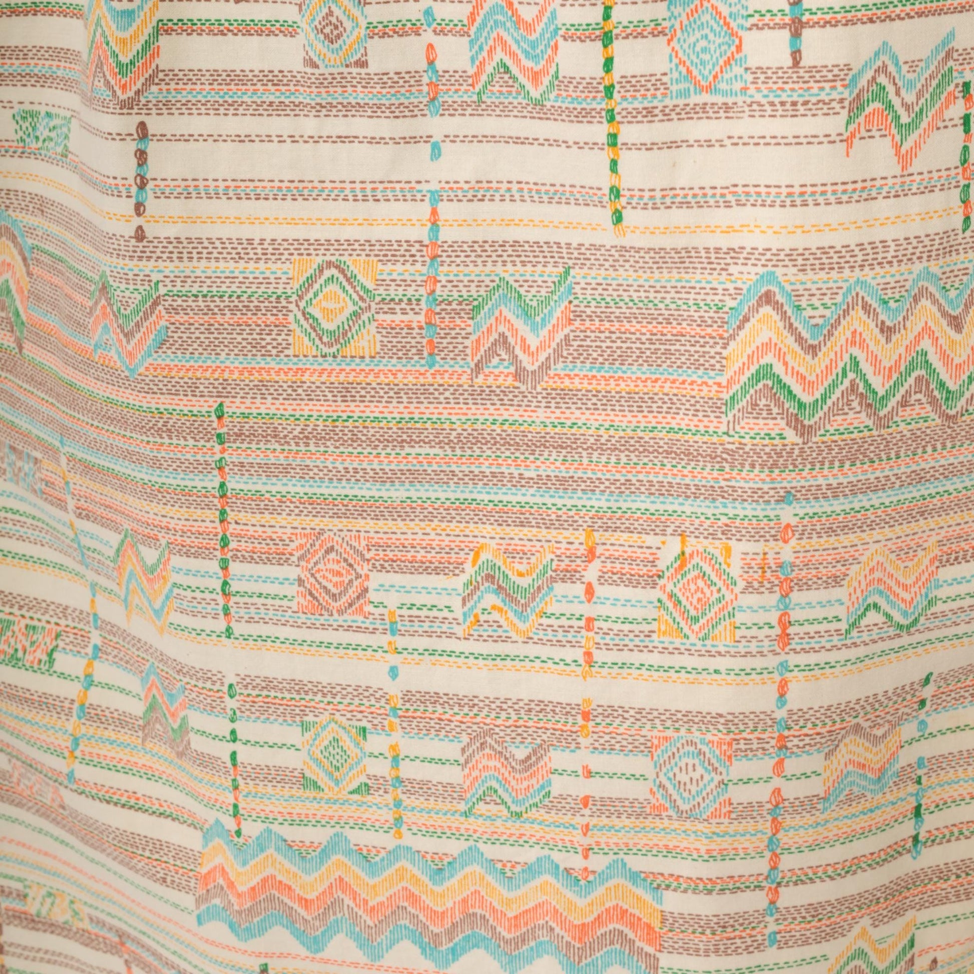 70s Cream Aztec Geometric Midi Dress Tie Shoulder Smocked Cotton Medium Large