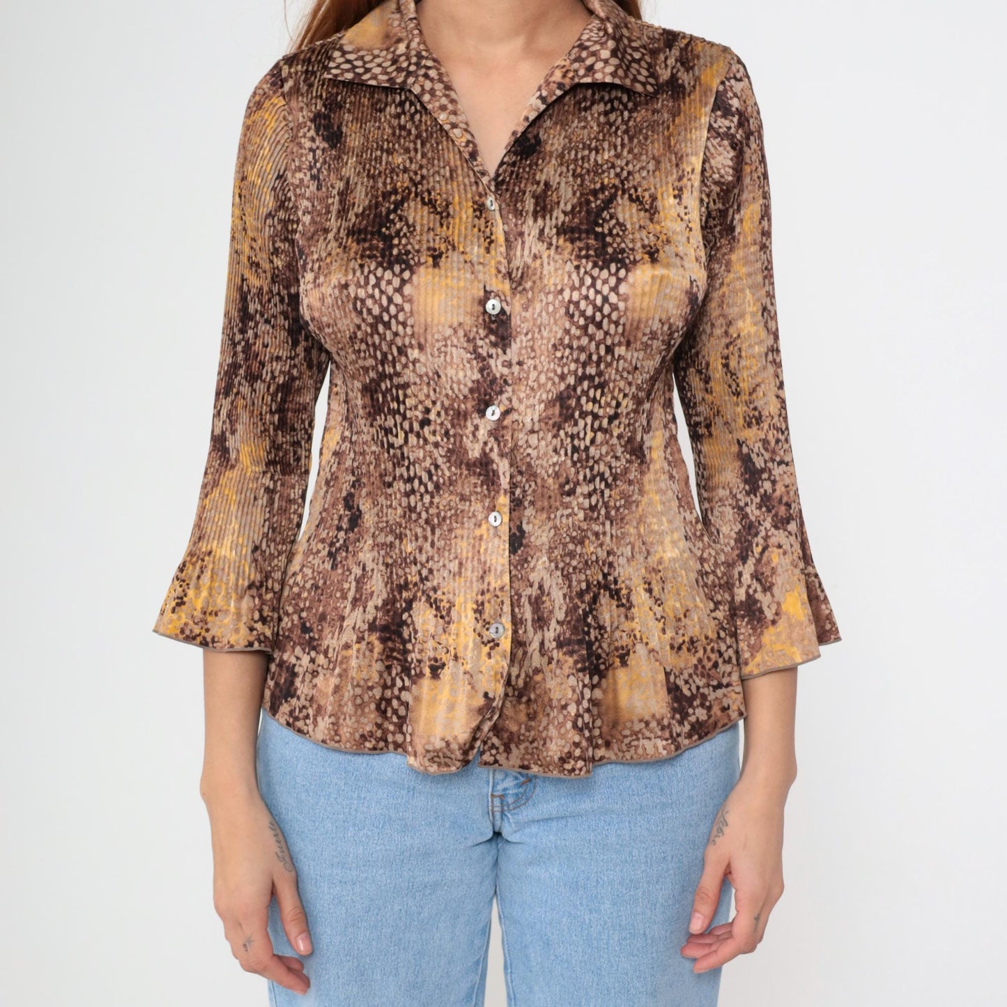 Y2K Jaclyn Smith Snake Print Blouse Brown Python Bell Sleeve Small S