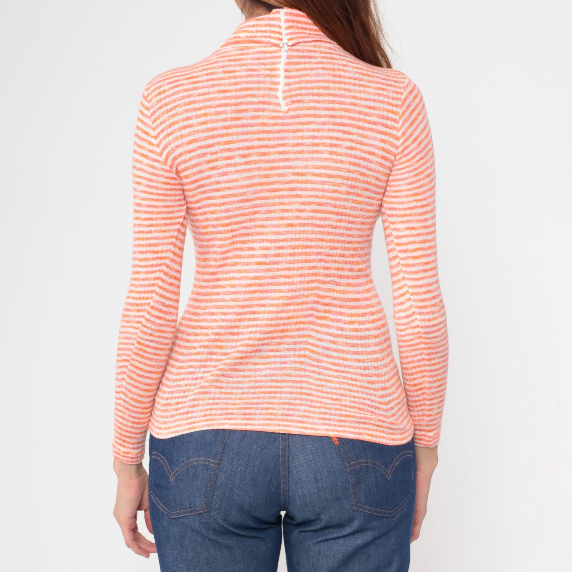 70s Orange White Striped Turtleneck Mock Neck Ribbed Knit Small S