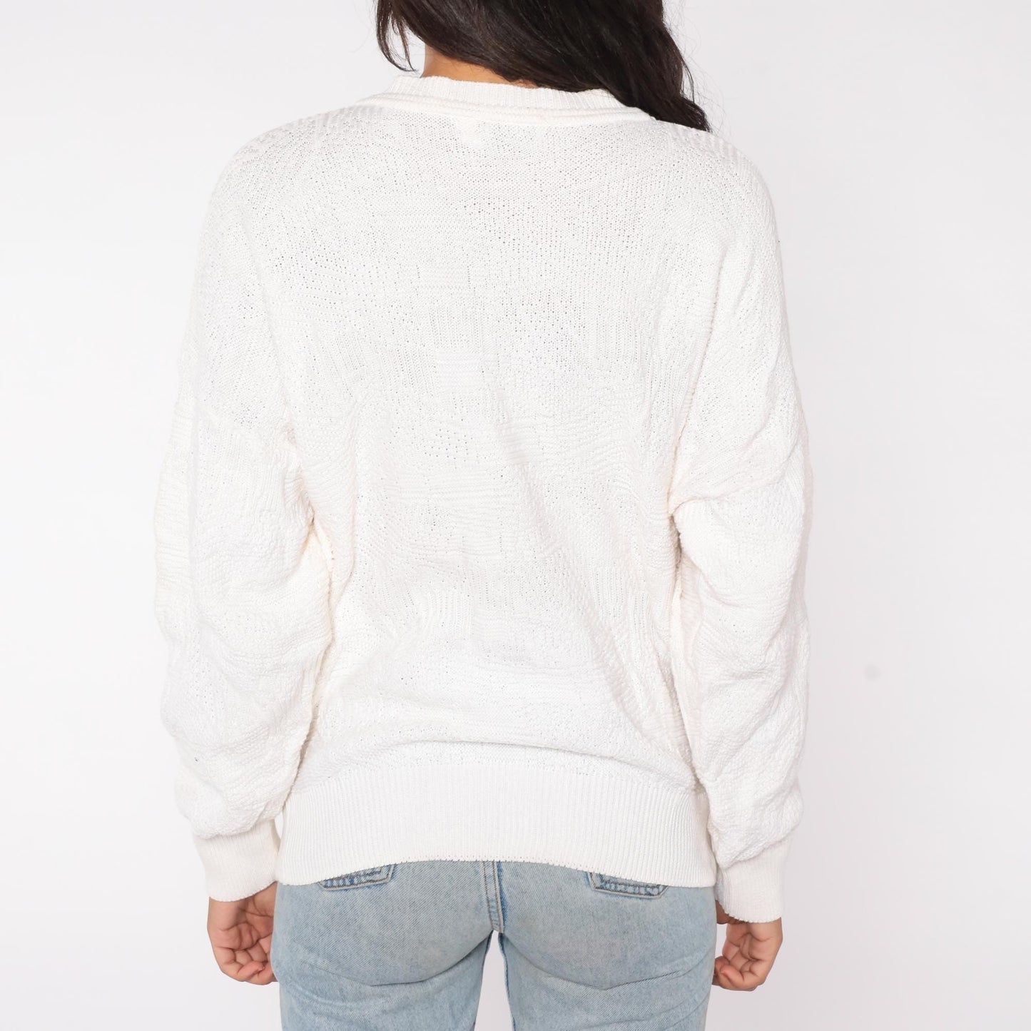 80s Neiman Marcus Cable Knit Sweater Cream Cotton Crew Neck Large L