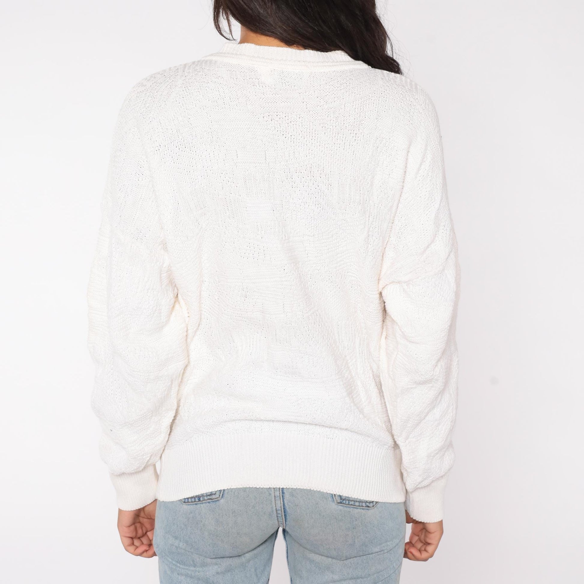 80s Neiman Marcus Cable Knit Sweater Cream Cotton Crew Neck Large L