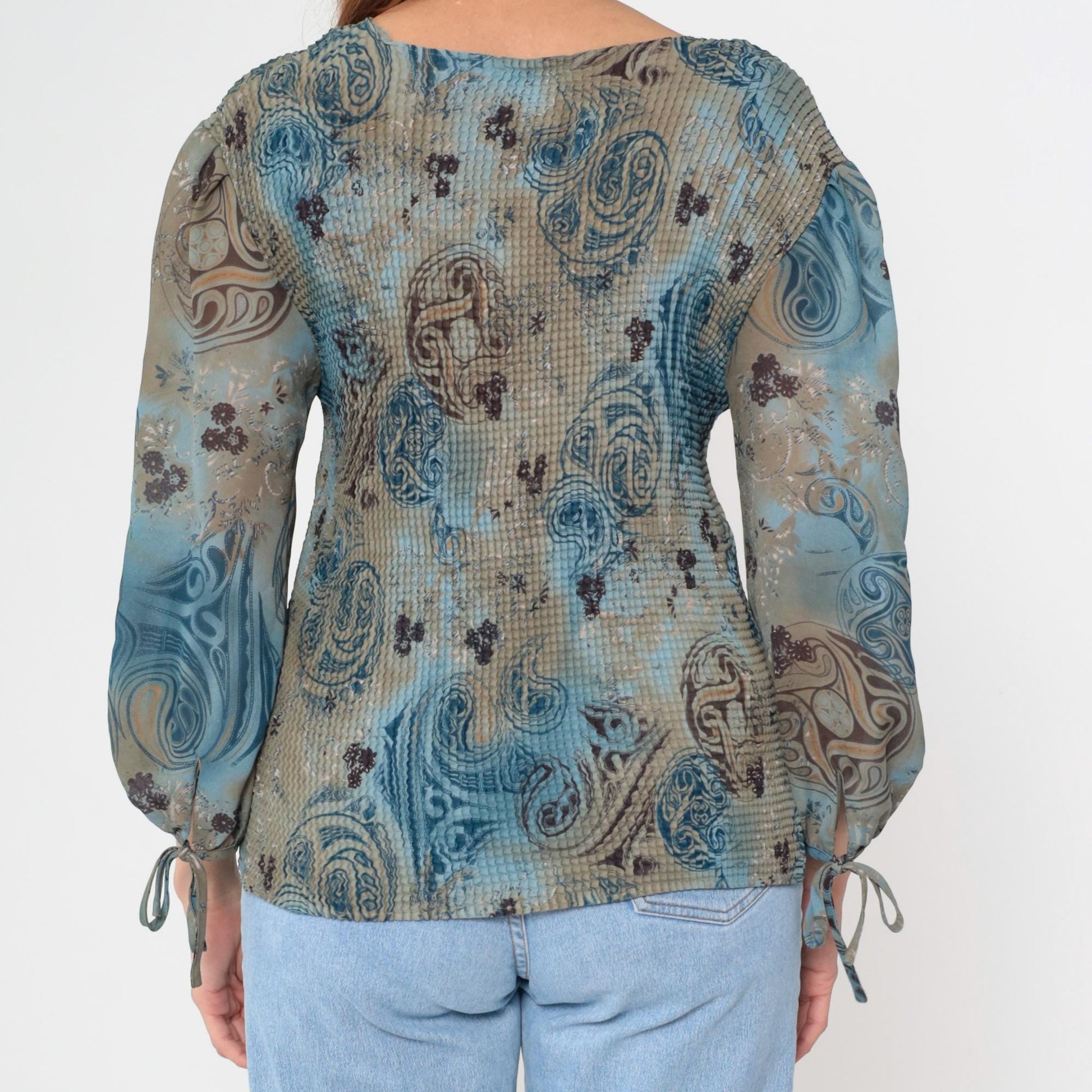 Y2K Nicola Paisley Wrap Top Blue Mixed Print Tie Sleeve Medium M