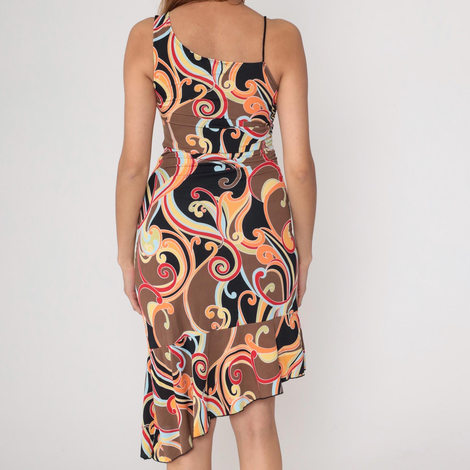 Y2K California Grown Asymmetrical Dress Swirl Print One-Shoulder Small S