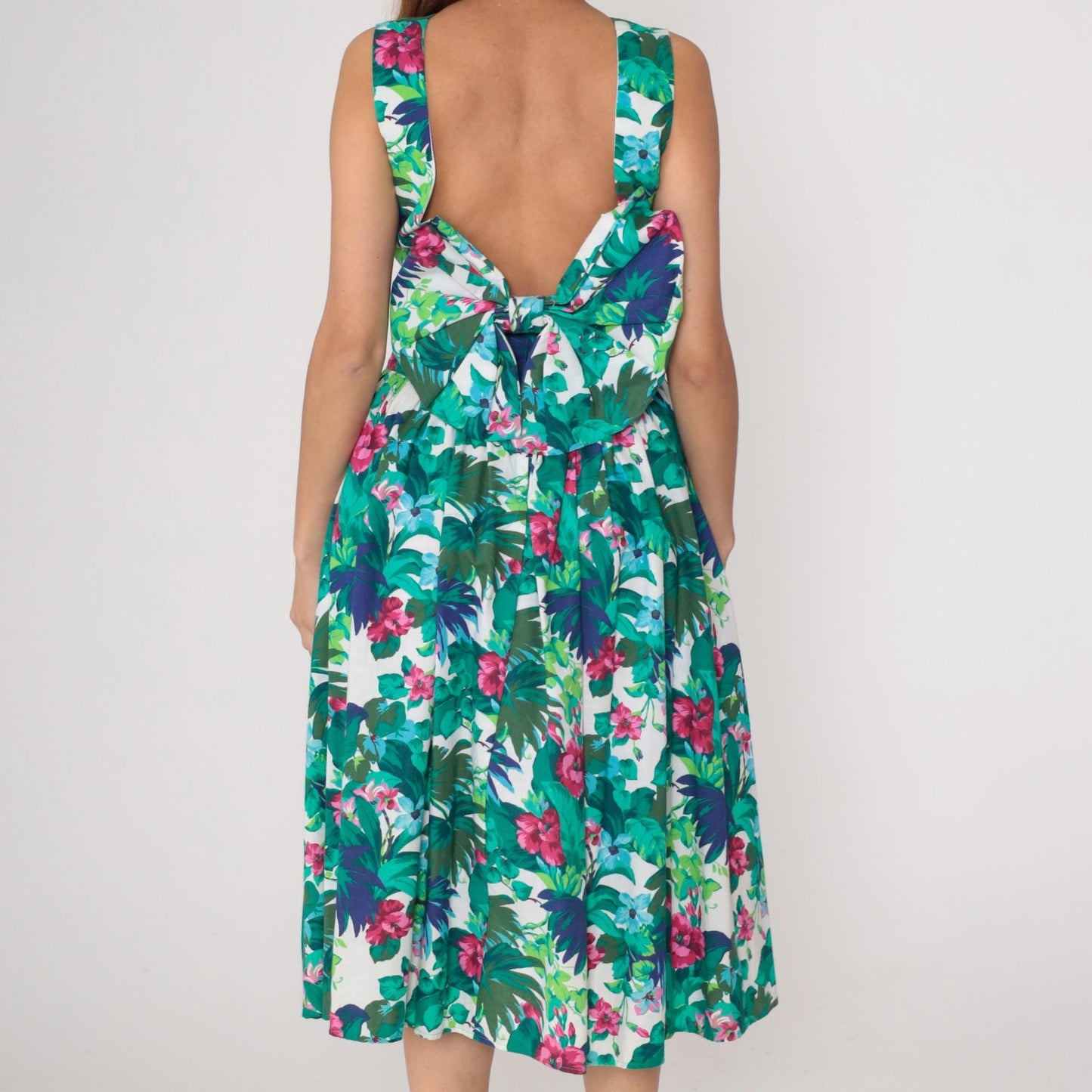 80s All That Jazz Tropical Floral Midi Dress Green Pink Open Back Small